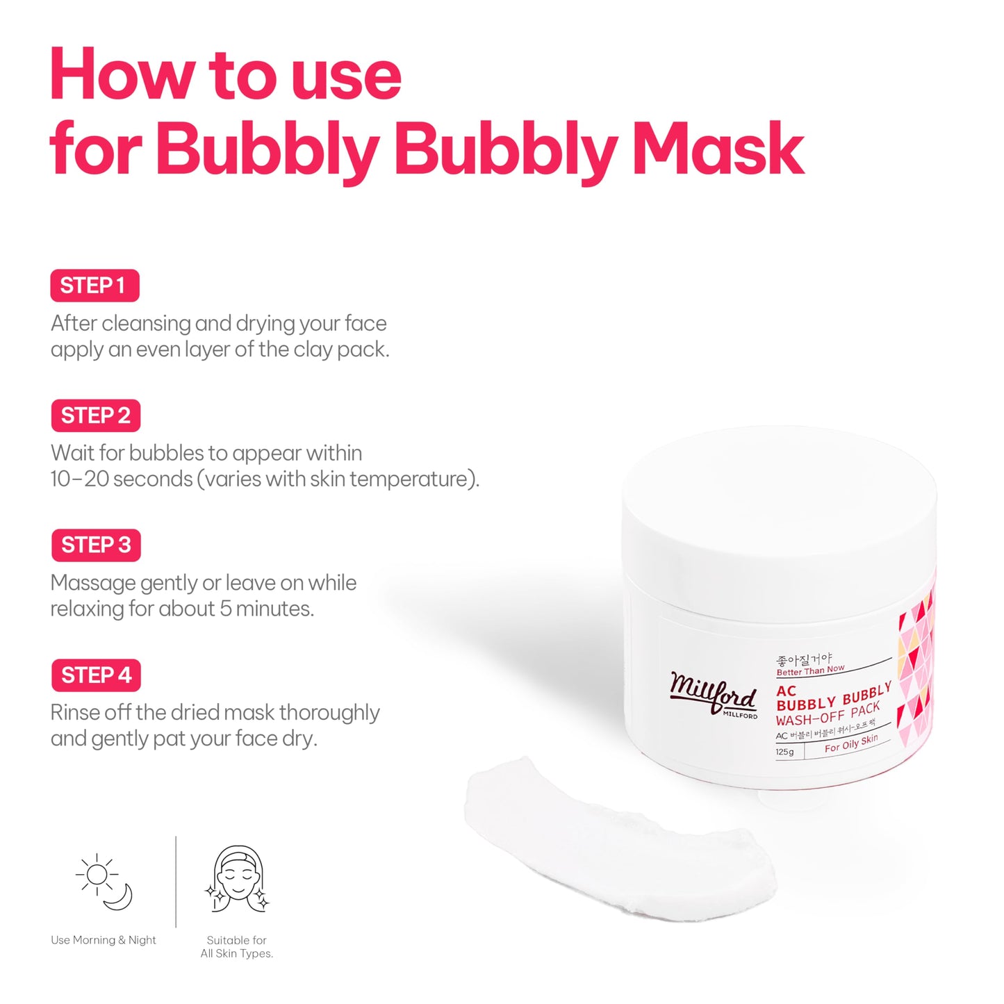 Millford AC Bubbly Bubbly Wash-Off Pack 125g/4.4Oz, Kaolin, Deep Cleansing, Acne Prone Skin, Bubble Wash, Exfoliating, Bubble Mask, Removing Sebum and Dead Skins, Instant Bubbles Pop up