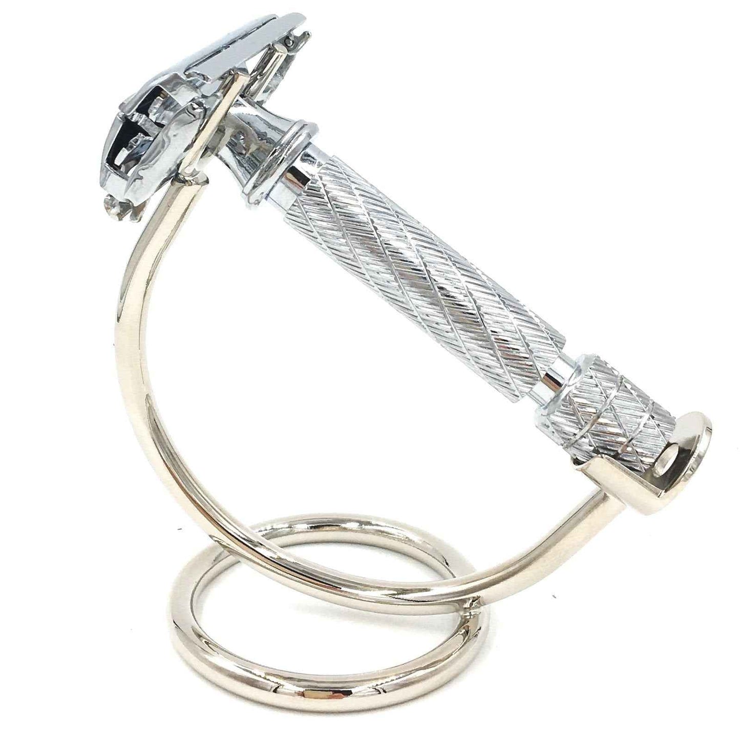 Super Safety Razors, Curved Chrome Razor Stand – All-Metal Chrome-Plated Holder for Safety Razors with Handle Length 80 mm & Up – Sleek Finish & Sturdy Design