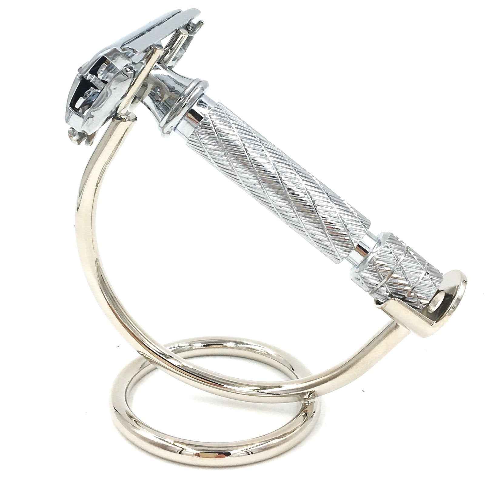 Super Safety Razors, Curved Chrome Razor Stand – All-Metal Chrome-Plated Holder for Safety Razors with Handle Length 80 mm & Up – Sleek Finish & Sturdy Design