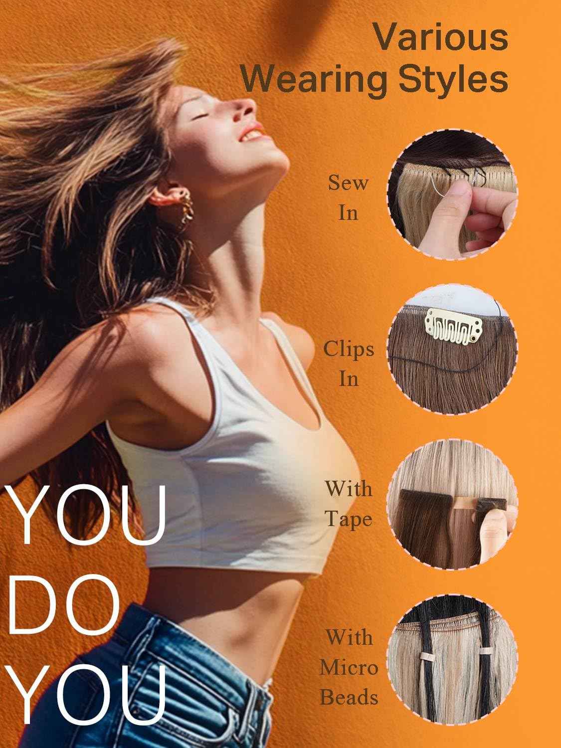 DOORES Sew in Hair Extensions Natural Straight, 18 Inch Balayage Dark Brown to Chestnut Brown 50g, Invisible Weft Hair Extensions Human Hair Virgin