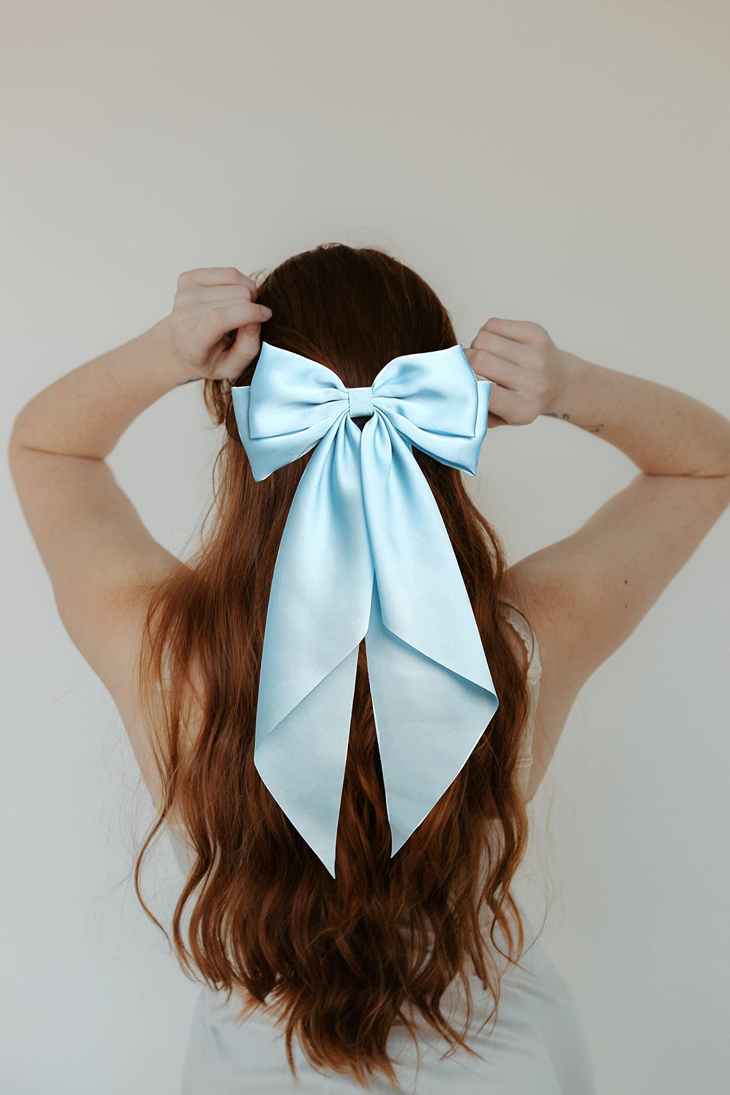 Satin Hair Barrettes Clip for Women Large Bow Hair Slides Metal Clips French Barrette Bowknot with Long Tail Silk Hair Bow Hairpin 90's Hair Accessories (Azure+White)