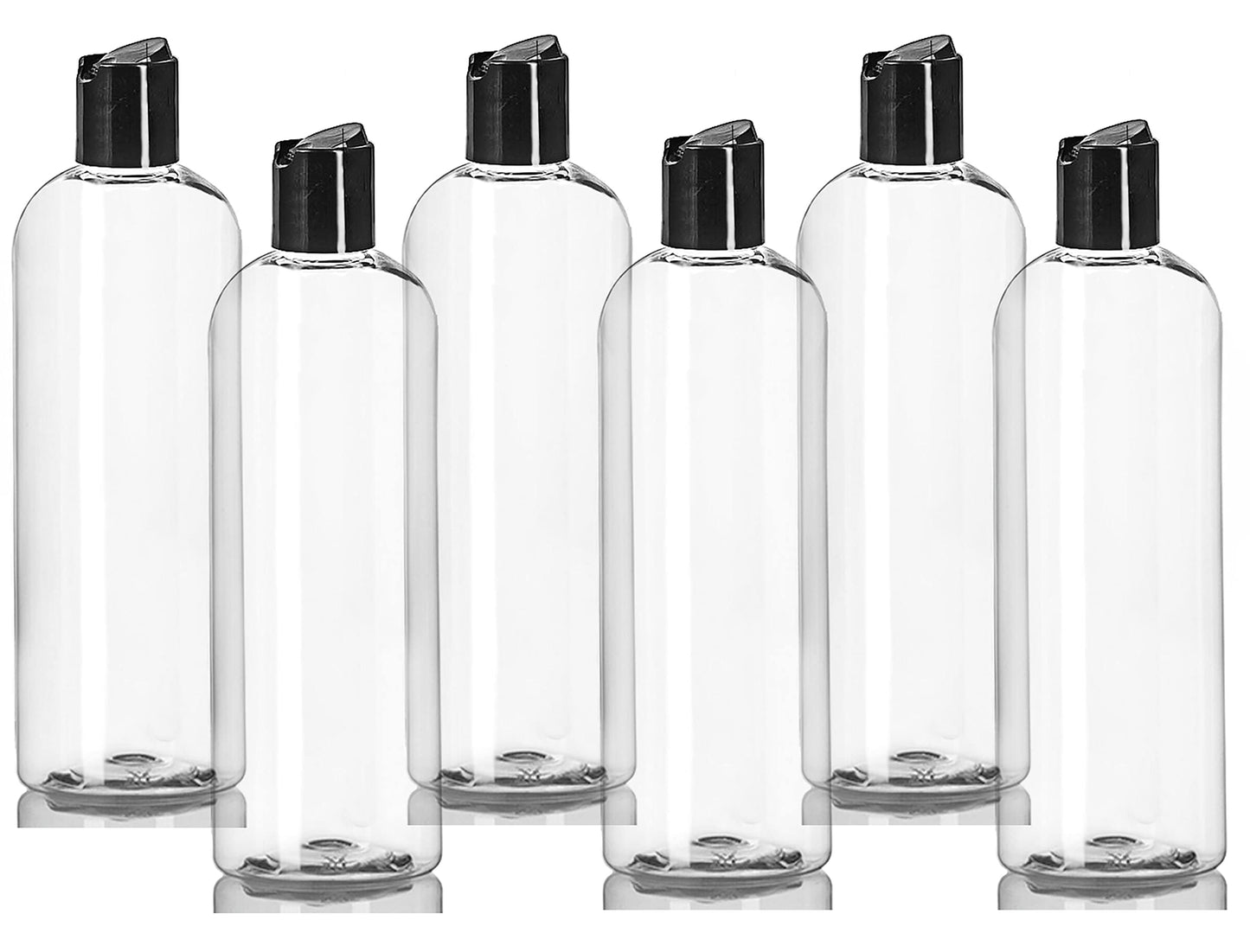 ljdeals 16 oz Clear Plastic Empty Bottles with Black Disc Top Caps, Squeezable Refillable Containers for Shampoo, Lotions, Cream and more Pack of 6, BPA Free, Made in USA