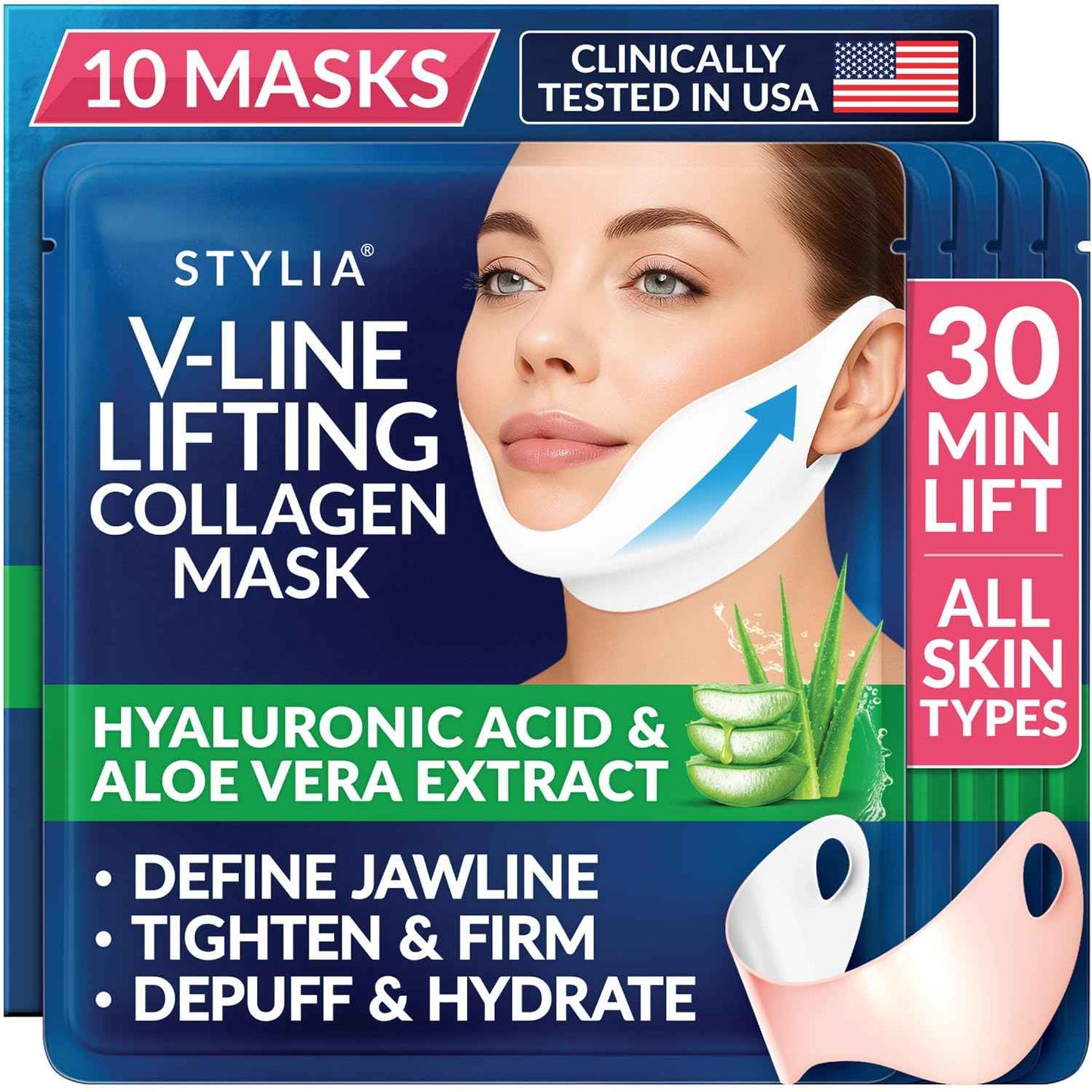 STYLIA V Line Lifting Collagen Mask - Lift, Firm & Contour Jawline - Tightening Double Chin Strap with Hyaluronic Acid & Aloe - Neck Lift & Face Tightening Mask - Jawline Shaper Face Lift Tape (10PC)