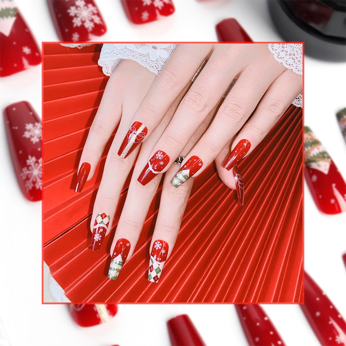 Christmas nails stick on nails， Christmas acrylic nails Women's New Year Nail Enhancement，christmas press on nails Set of 24Pcs (christmas tree)