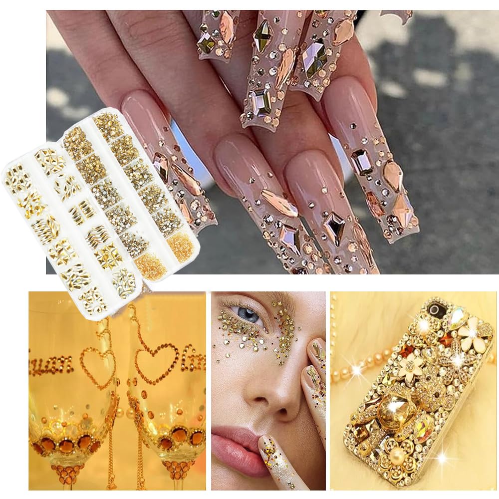 2680Pcs Champagne Gold Rhinestones Nail Gems, 120Pcs Big Golden Nails Charms with Bling Flatback Round Beads, Gold K9 Glass Clear Diamond Stones Jewelry for DIY Faces Eyes Makeup Crafts Decoration