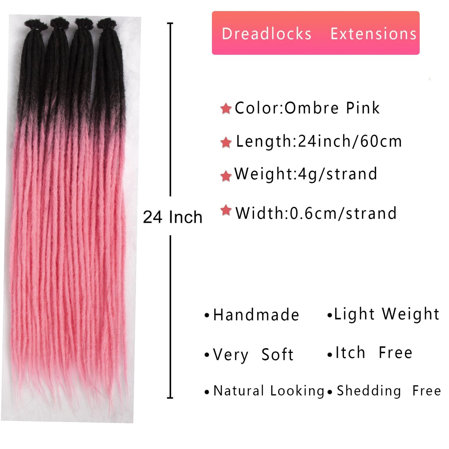 Aooffut Dreadlock Extensions, Thin 0.6cm 24" Ombre Pink 100% Handmade Synthetic Crochet Dreads Extensions Single Ended Dreads Width Reggae Style Dreadlock for Girls