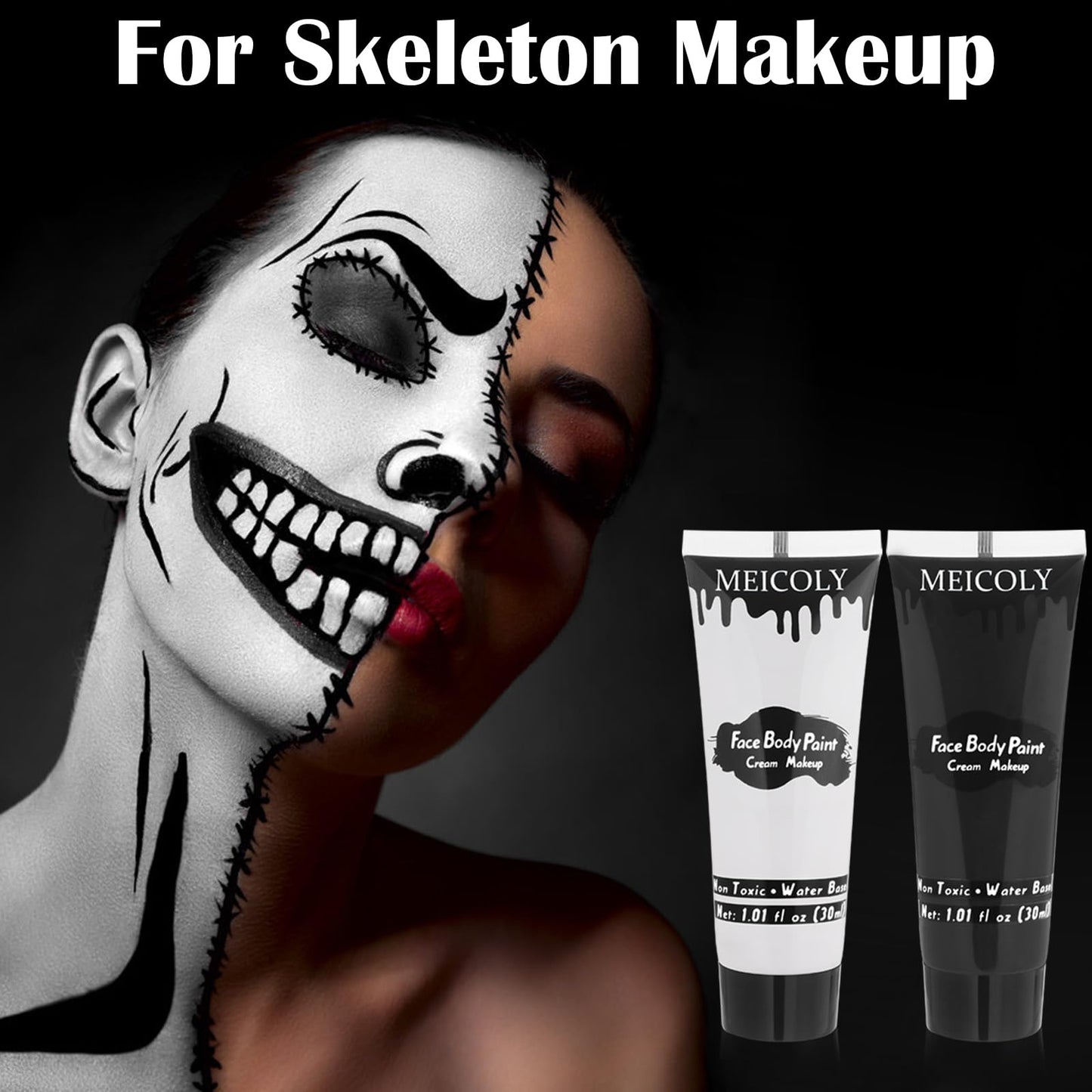 MEICOLY Black White Face Body Paint with Sponges,Water Based Face Paint for Adults and Kids,Cream Body Paint,Face Painting for Clown Makeup,Halloween SFX Skull Zombie Skeleton Goth Cosplay Mime Makeup