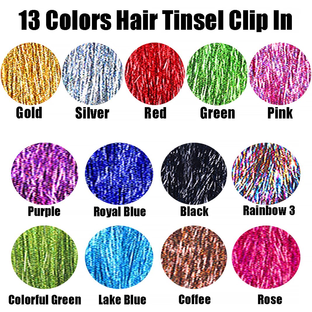 6pcs Hair Tinsel Clip in Rainbow Fairy Hair Tinsel Kit 20Inch Glitter tinsel Hair Extensions Clip in Hair Tinsel for Christmas New Year Halloween Party Sparkly Hair Accessories for Women Girls (Rose)