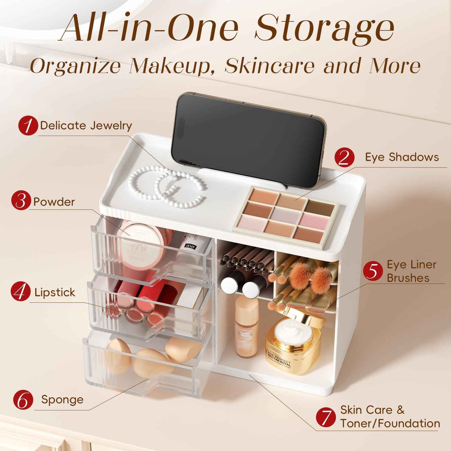 Small Makeup Organizer with Drawers, Stackable Bathroom Couneter Organizer with Phone Holder, Versatile Vanity Organizer Countertop, Cosmetic Organizer for Makeup Brush, Skin Care, Lotion -White,2Pack