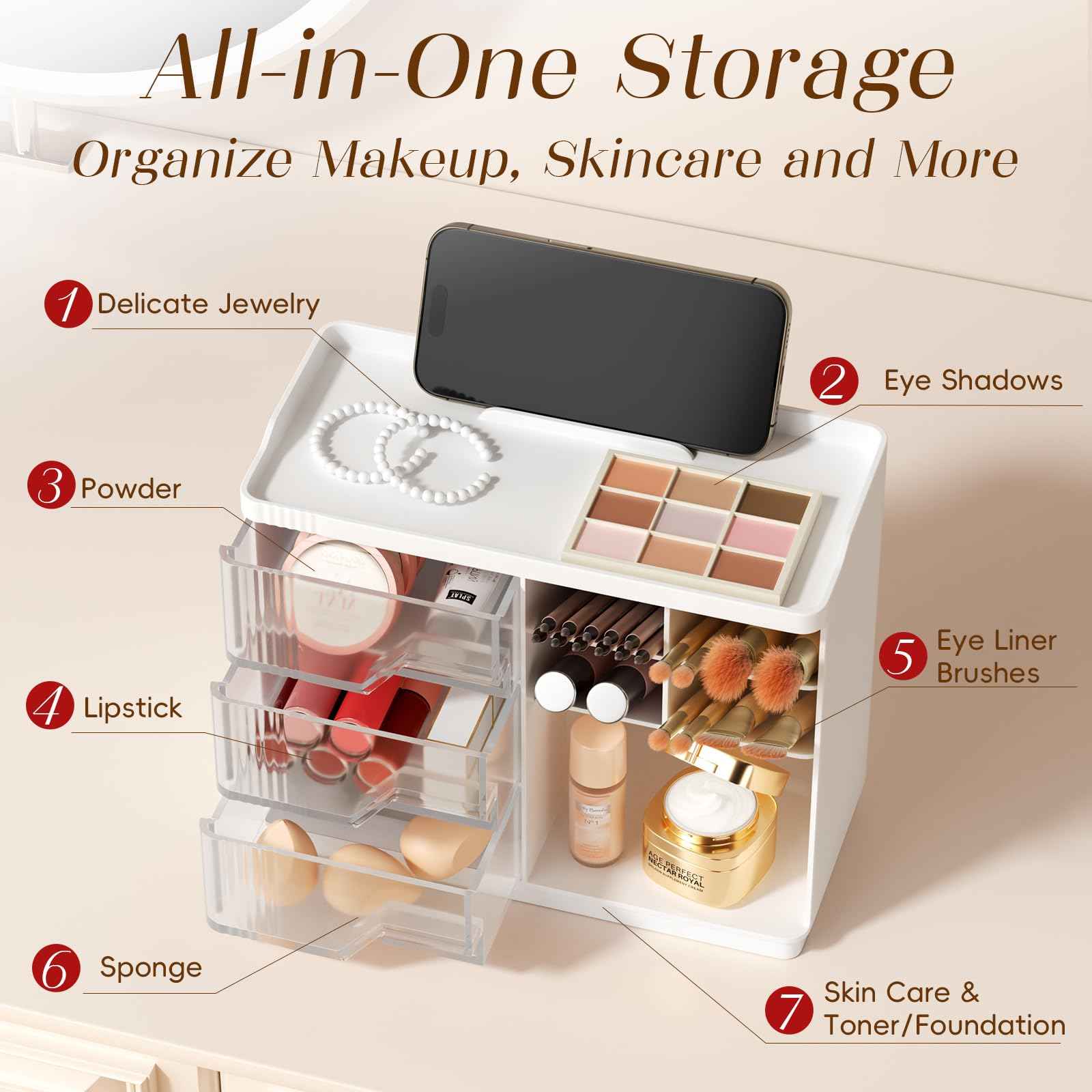 Small Makeup Organizer with Drawers, Stackable Bathroom Couneter Organizer with Phone Holder, Versatile Vanity Organizer Countertop, Cosmetic Organizer for Makeup Brush, Skin Care, Lotion -White,2Pack