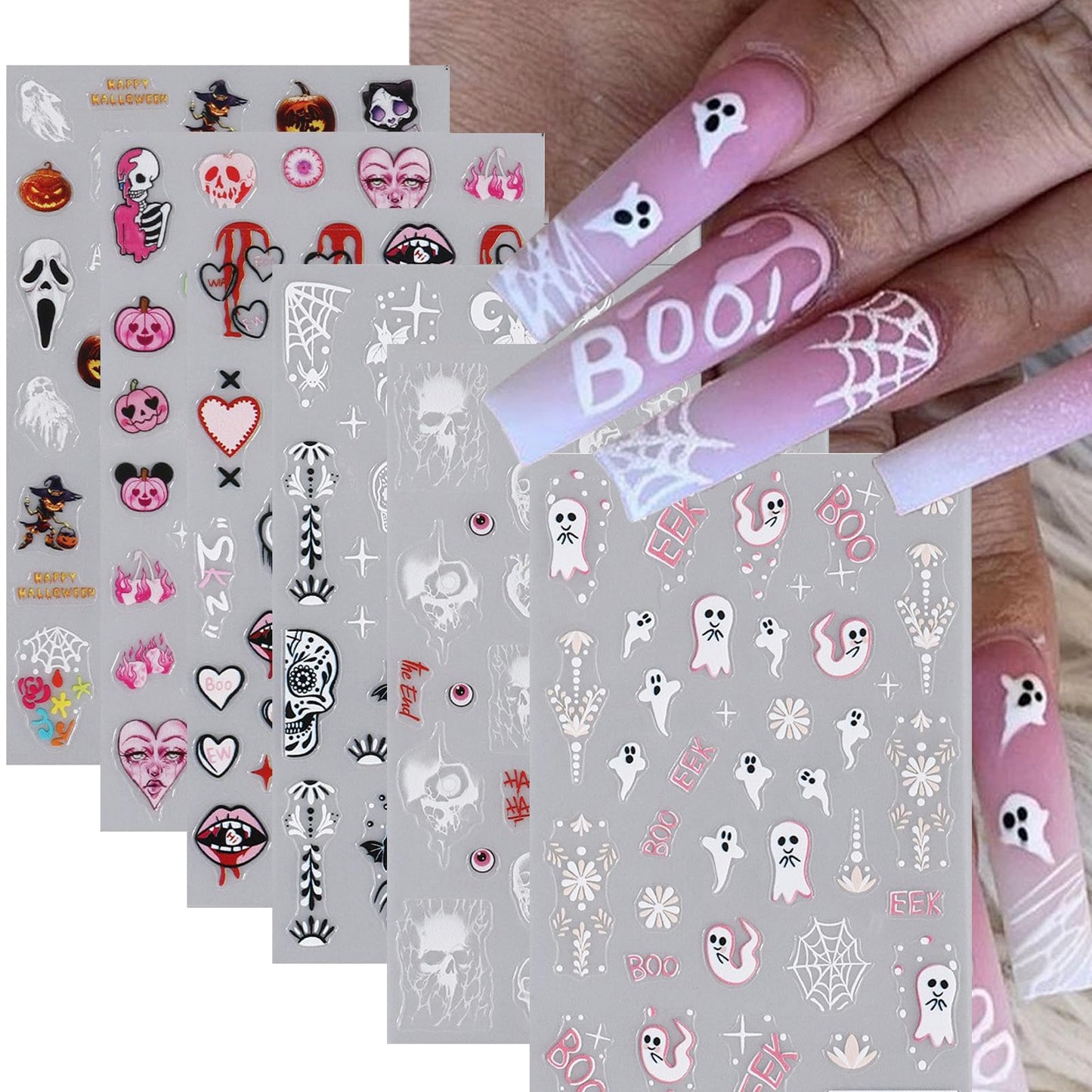 6 Sheets Pink Halloween Nail Stickers Skull Pink Ghost Nail Decals Pumpkin Nail Art Stickers 3D Self-Adhesive Nail Art Decals DIY Nail Designs Nail Supplies for Halloween for Women Girls Decoration