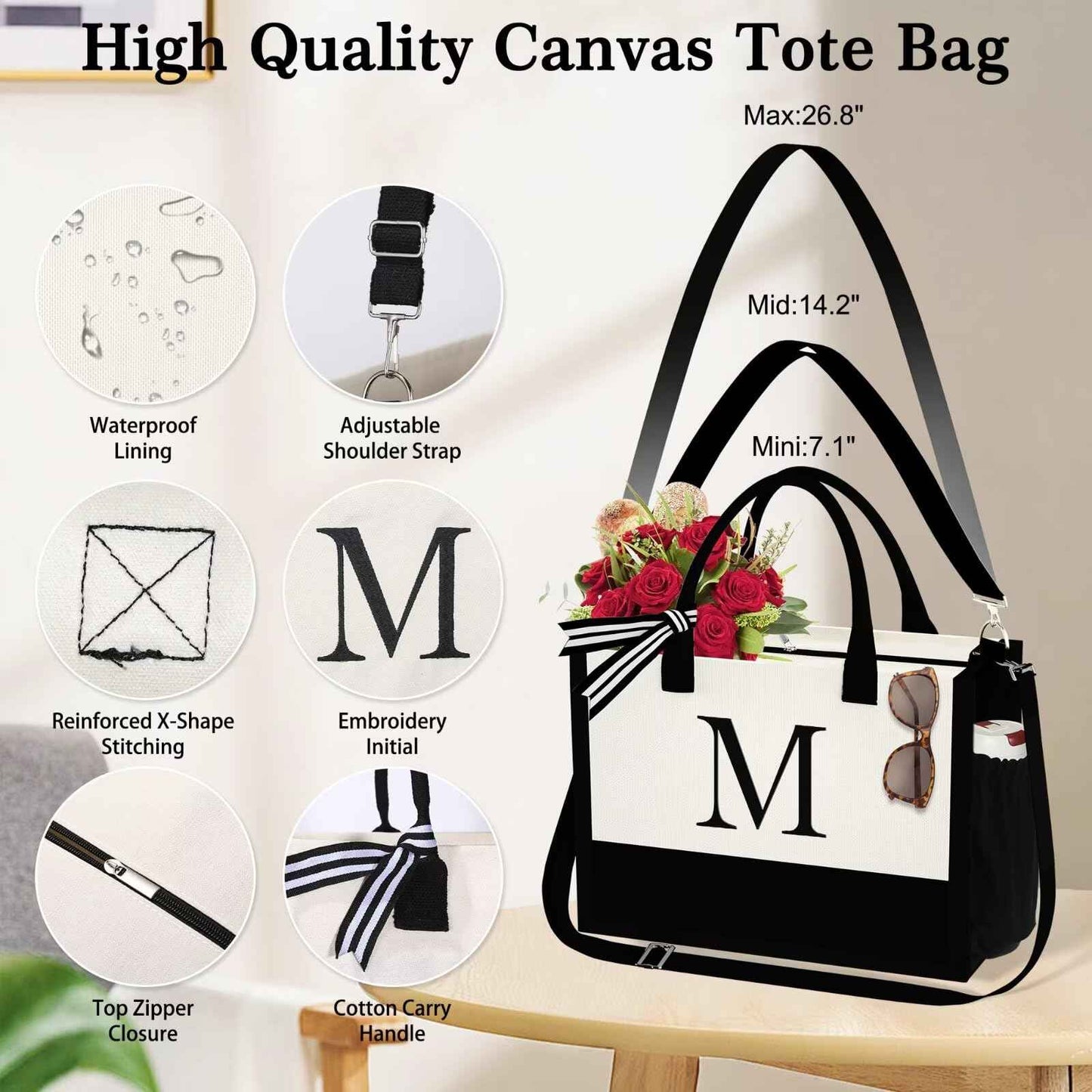 YOOLIFE Teacher Gifts for Women, Teacher Tote Bag, Initial Canvas Tote Bag & Makeup Bag, Letter T