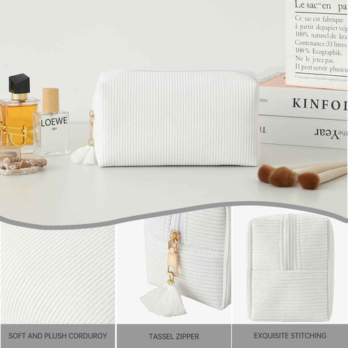 DYSHAYEN Makeup Bag Travel Cosmetic Bag Organizer Tassel Large Corduroy Zipper Pouch, Bridesmaid Gift for Wedding Party (White)