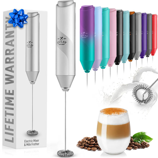 Zulay Kitchen Powerful Milk Frother Wand - Mini Milk Frother Handheld Stainless Steel - Battery Operated Drink Mixer for Coffee, Lattes, Cappuccino, Matcha - FrothMate Milk Frother Gift - Silver