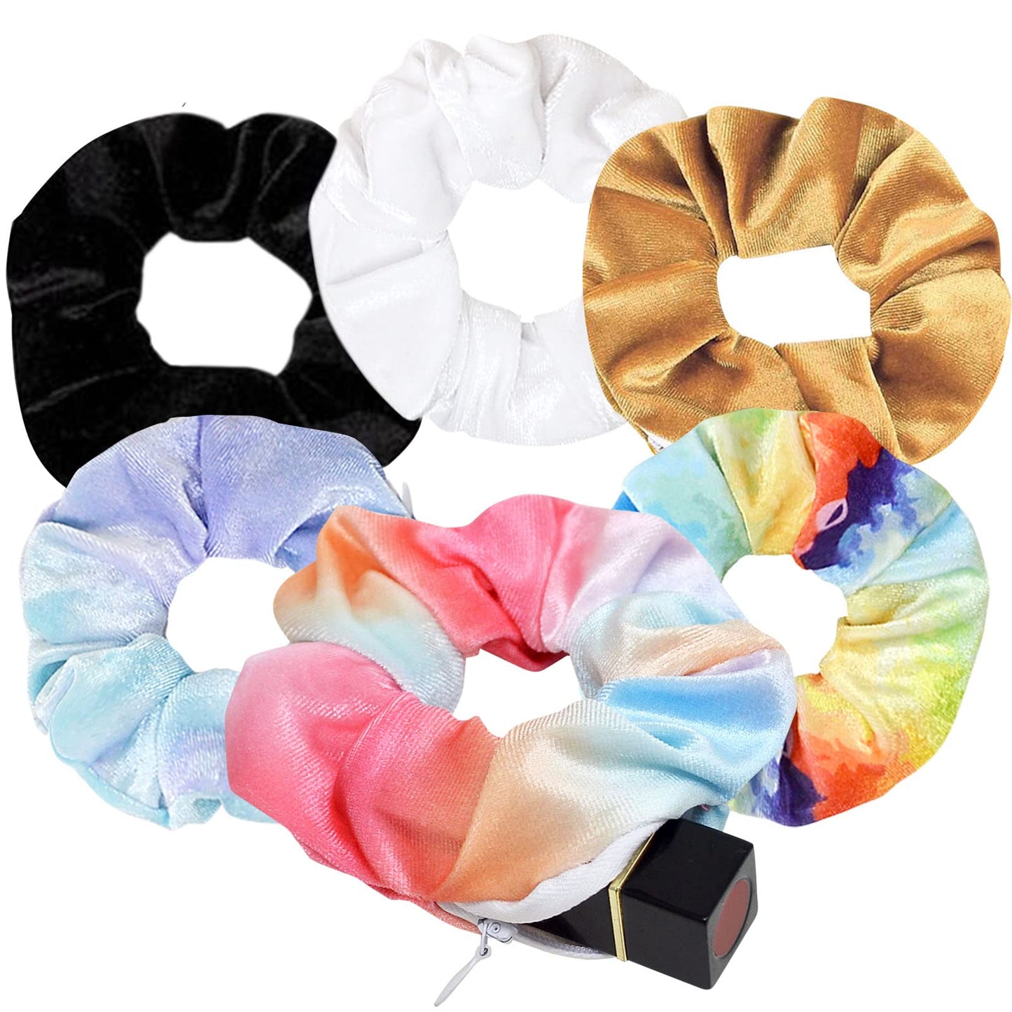 Velvet Pocket Scrunchie with Hidden Zipper - 6Pack Stash Scrunchy Hair Ties for Vsco Girls Women Hair Accessories (6PACK-B)