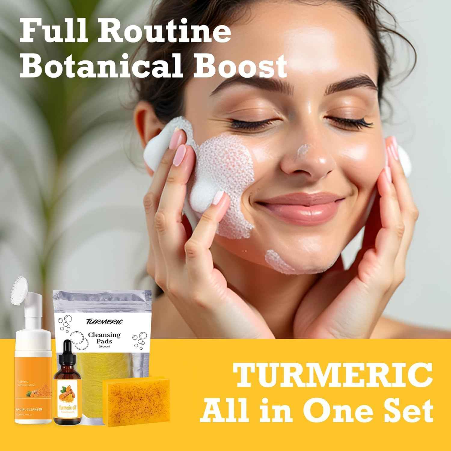 Turmeric Wash and Care 4-Piece Set – Facial Cleanser with Brush, Soap Bars , Soft Face Cleansing Pads and Turmeric Oil – Turmeric Face Wash Kit, Turmeric Skincare Set