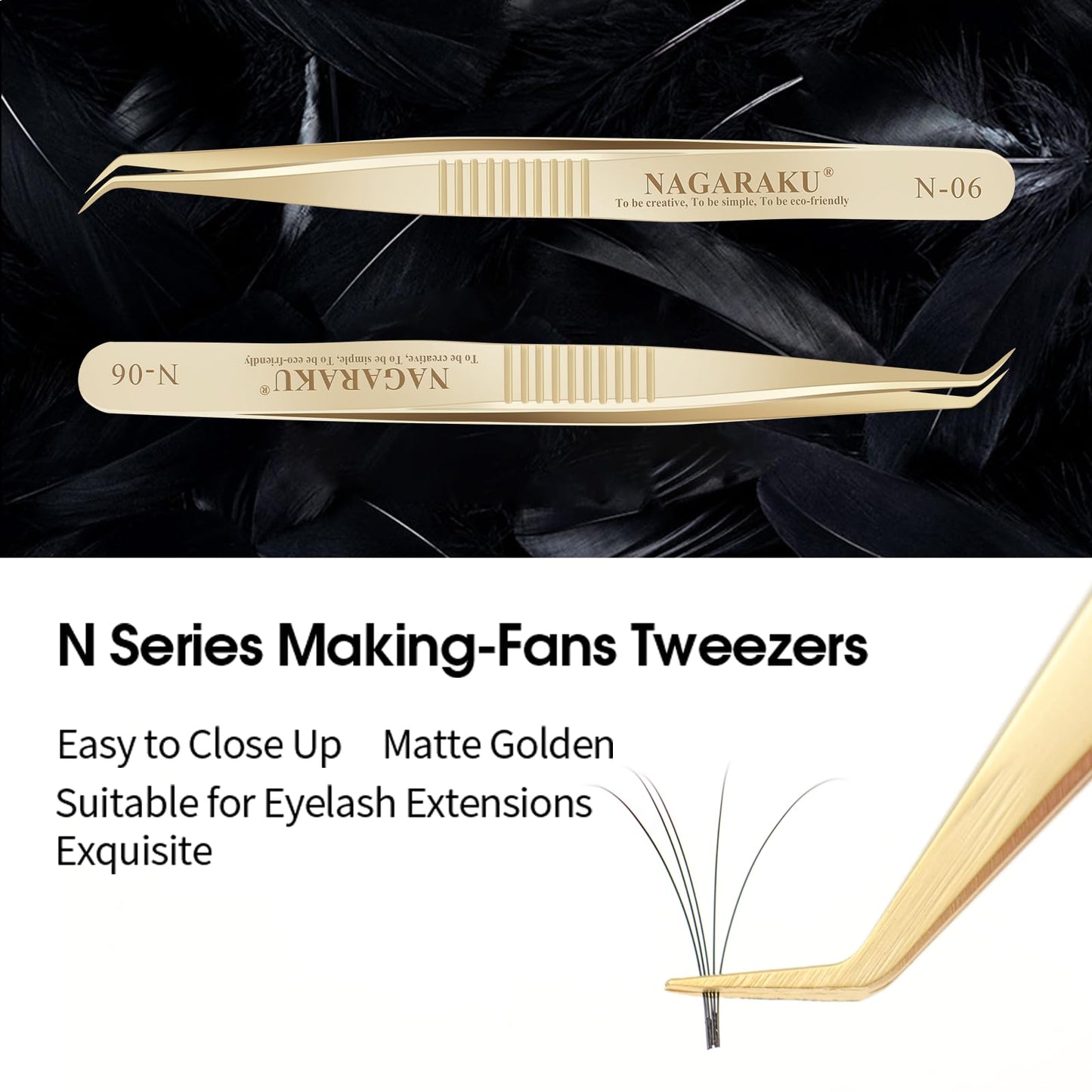 NAGARAKU Gold Tweezers for Eyelash Extensions Curved Angled Volume Cluster Super Light Weight Easy Fanning Tweezers Stainless Steel Precision (N-06)