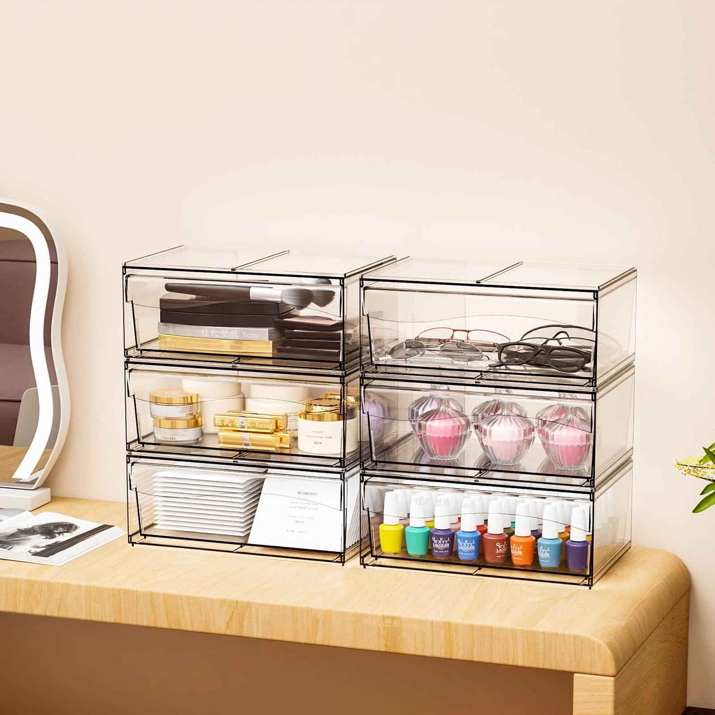 2 Pack Clear Stackable Storage Drawers,12"W Large Bathroom Makeup Organizer and Pen,Sunglass,Medicine,Baby Bottle Organizer,Plastic Pull Out Storage Bins,for Desk,Under Cabinets,Vanity Countertop