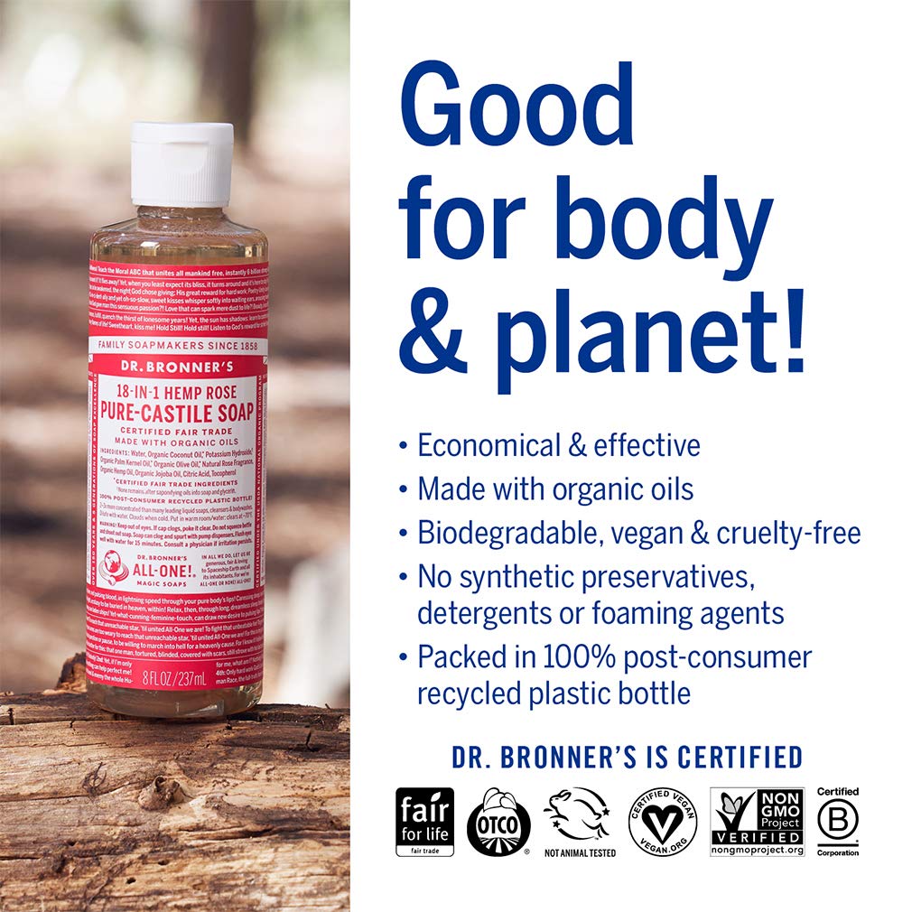 Dr. Bronner's - Pure-Castile Liquid Soap (Rose, 16 ounce) - Made with Organic Oils, 18-in-1 Uses: Face, Body, Hair, Laundry, Pets and Dishes, Concentrated, Vegan, Non-GMO