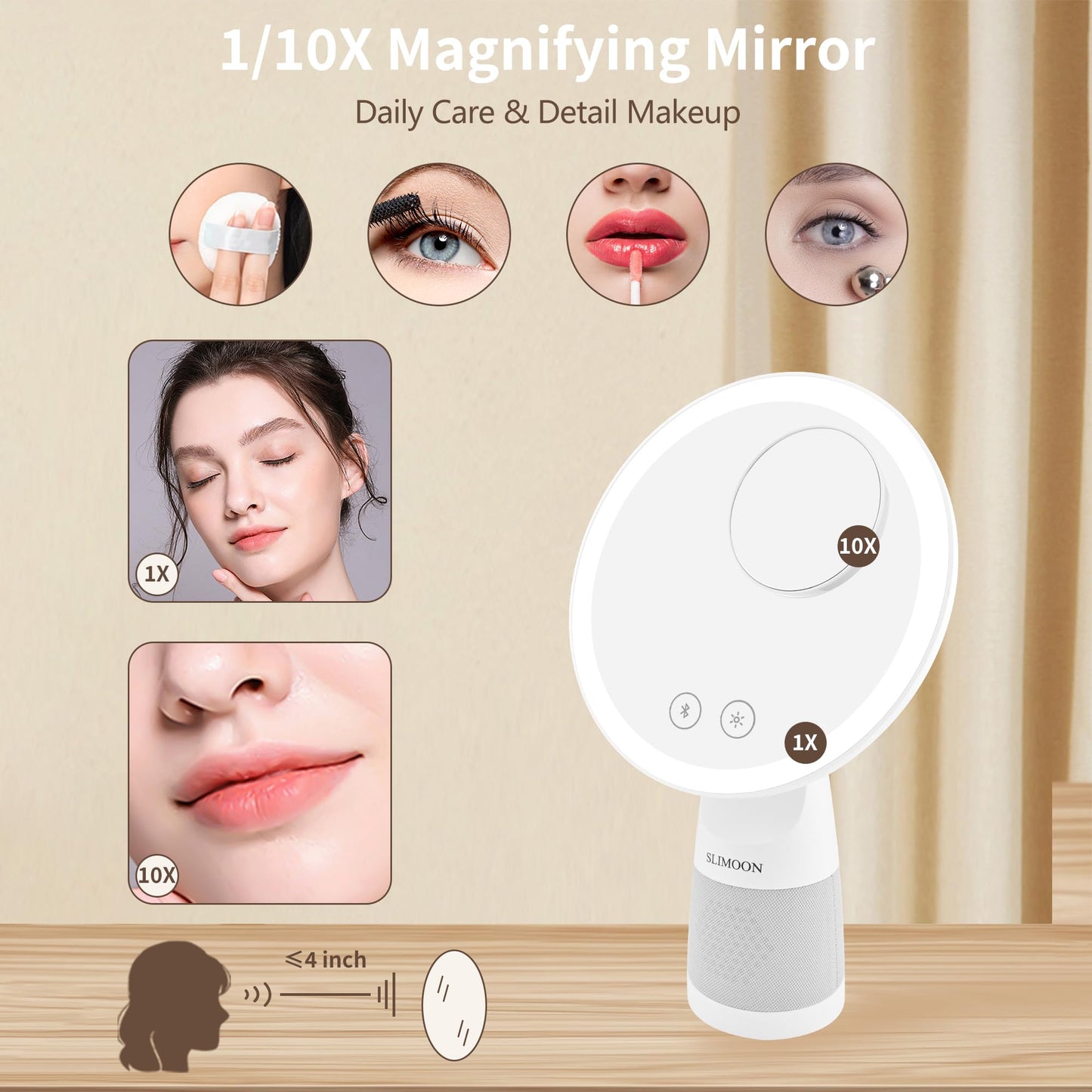 SLIMOON 9" Vanity Mirror with Lights and Bluetooth Speaker, 1X/10X Magnifying Vanity Mirror with 3 Colors Dimmable Lights, Support for Answering Calls, 4000mAh Rechargeable Lighted Makeup Mirror