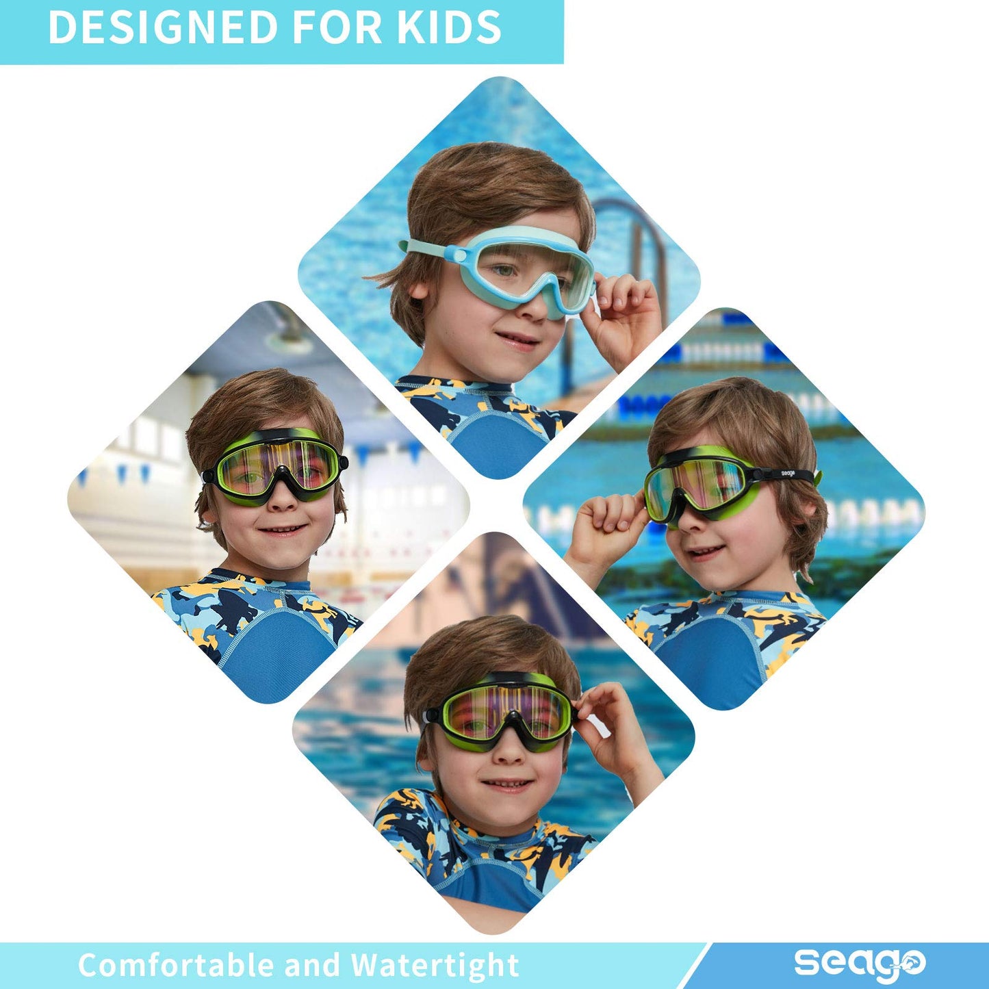 Seago Swim Goggles 2 Pack Anti-Fog Anti-UV Wide View UV Protection, Adjustable Swimming Goggles for Kids 3-15, Light Blue & Black, Green