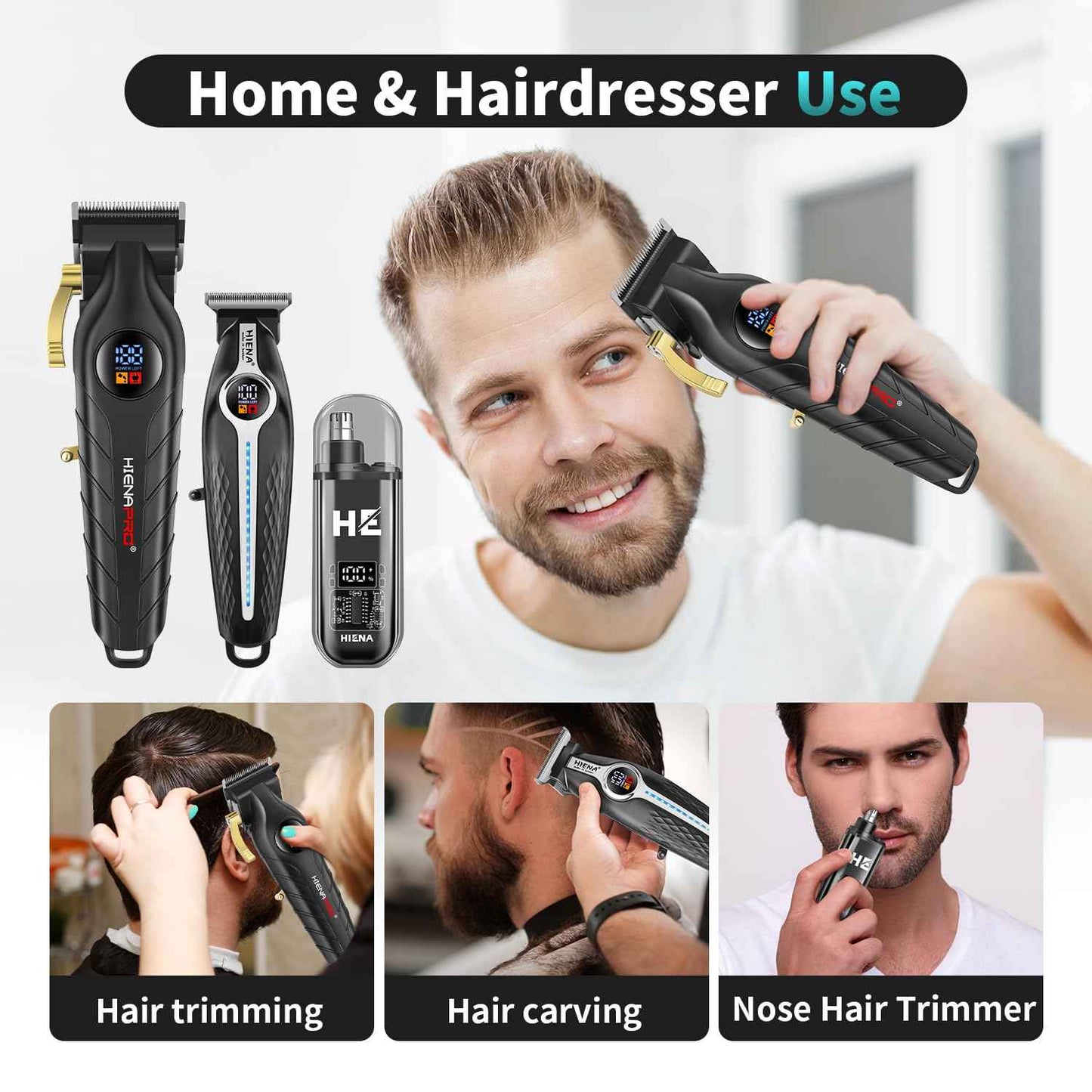 HIENA PRO Professional Hair Clippers for Men, Electric Hair Clipper Set for Barber Kit ，Hair Clipper and Trimmer Set，Full Barber Clipper Set with LED Display Gifts Mens (Silver)