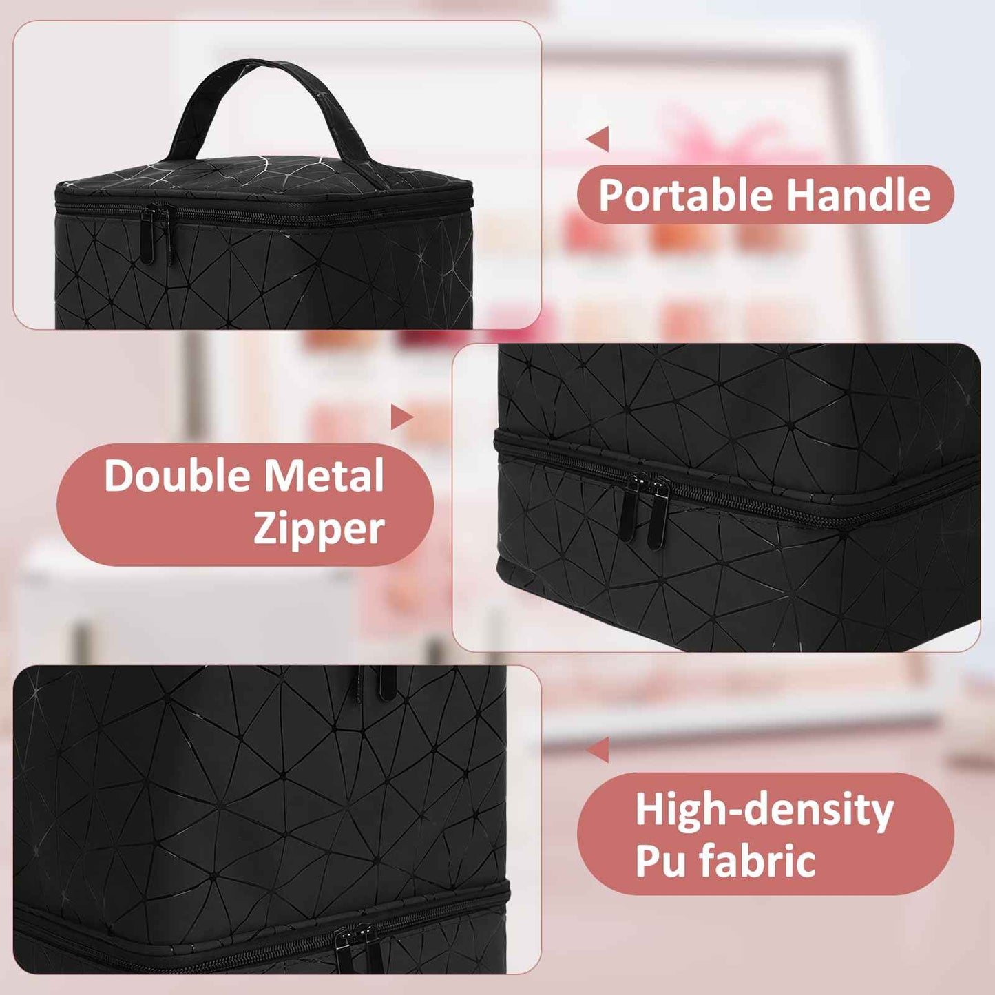 Esoes Nail Polish Organizer Case Double-Layer Nail Bag Storage PU Leather Waterproof Nail Organizer Holds 30 Bottles(15ml) and 1 Nail Lamp Large Travel Nail Supplies Shoulder Bag