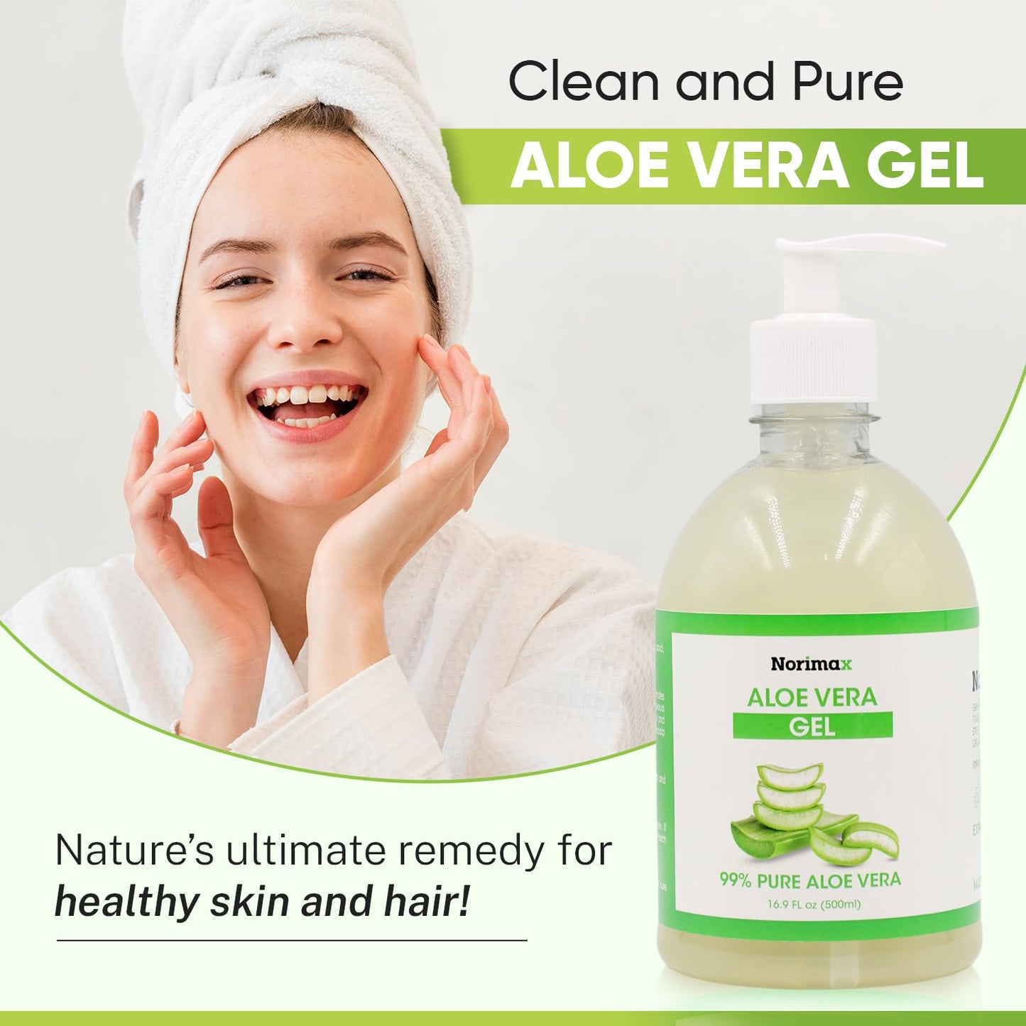 Norimax Natural Aloe Vera Gel for Hair, Scalp, Face, Dry Skin, Sunburn, & Sensitive Skin - Cold Pressed, Vegan, Unscented - Soothing Aloe Face Moisturizer (16.9 oz.)