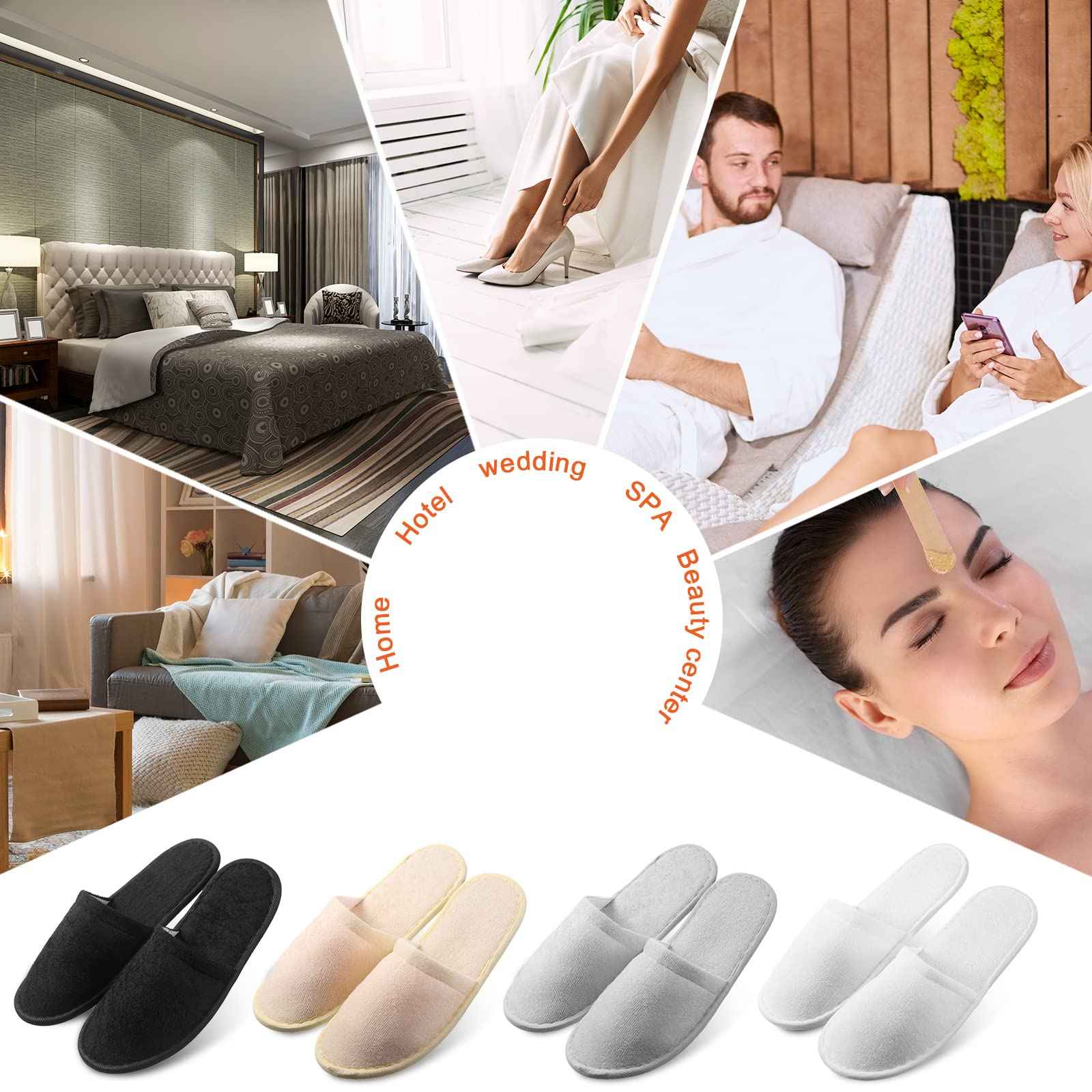 Geyoga 24 Pairs Disposable Slippers for Guests Bulk 2 Size Cotton Hotel Spa House Slippers for Graduation Wedding Party Shoeless Home Travel Individually Wrapped(White, Light Gray, Black, Khaki)