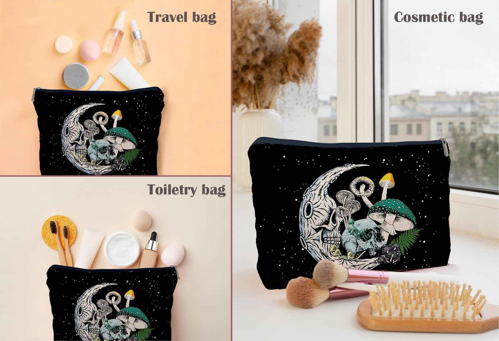 Lacosu Gothic Skull Moon Colourful Mushroom Makeup Bag,Halloween Skull Skeleton Cosmetic Makeup Bag for Women Girls,Gifts for Gothic Lovers Teens Women Girls Daughter Sister Friends
