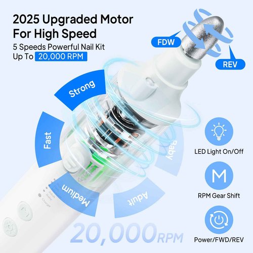 Cordless Nail Drill Electric Nail File: Professional Manicure Pedicure Kit for Acrylic Gel Nails Grind Trim Polish, 5-Speed Brushless Electric Foot Callus Remover ,Nail Tool for Women & Men