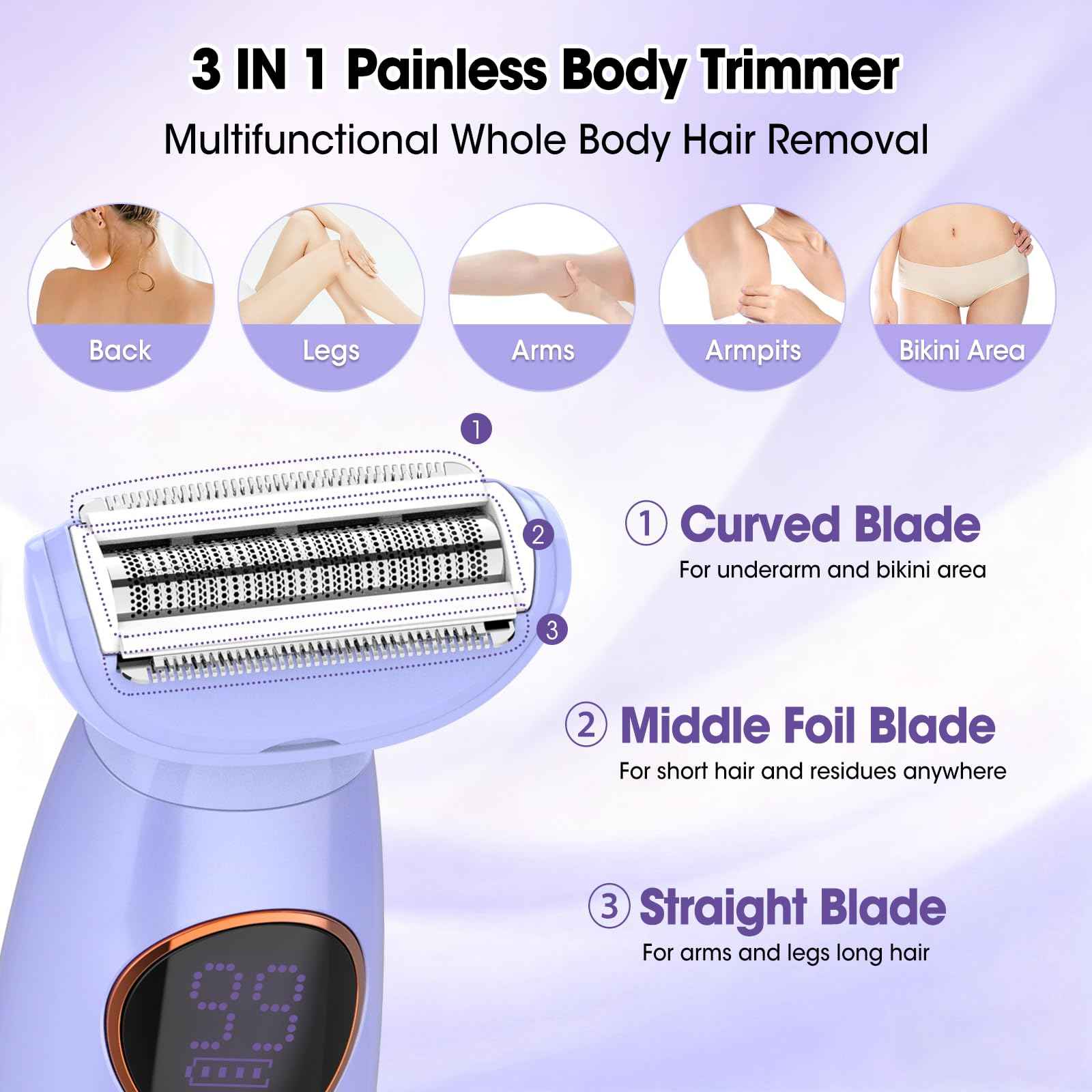 5 in 1 Bikini Trimmer for Women,IPX7 Waterproof Cordless Replaceable Pubic,Eyebrow,Facial Electric Razors&Nose Hair Trimmer&Painless Body Shaver for Arms Legs Underarms,USB Charge,LED Display,Wet&Dry