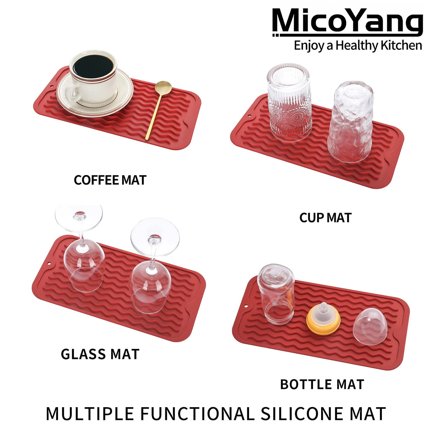 MicoYang Silicone Dish Drying Mat for Multiple Usage,Easy clean,Eco-friendly,Heat-resistant Silicone Mat for Kitchen Counter,Sink,Bar,Bottle,or Cup Red S 12 inches x 6 inches