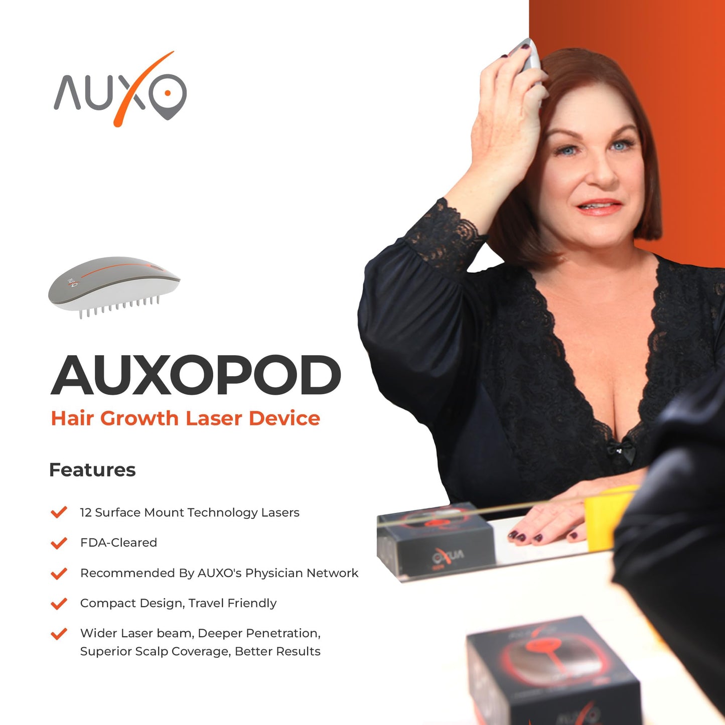 Auxo Hair AuxoPod Hair Growth Red Light Laser Therapy Compact Comb For Hair Loss, FDA Cleared For Men & Women For Thinning Hair