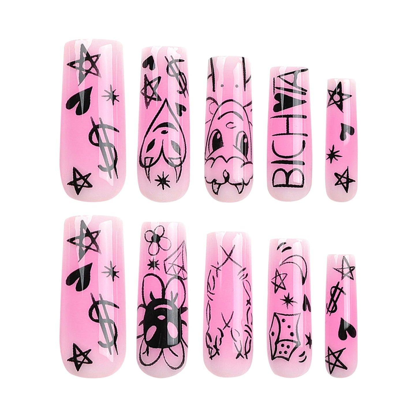 RTKHFZE Valentines Long Press on Nails Square Fake Nails Girly Pink Full Cover Acrylic Nails with Cute Stars Moon Designs Artificial False Nails 24Pcs Extra long Stick on Nails for Women Manicure