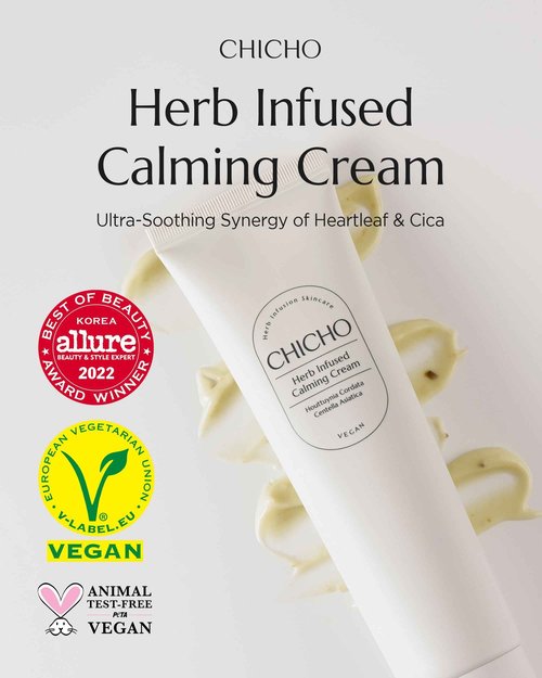 CHICHO Herb Infused Calming Cream - Korean Face Moisturizer with 68.8% Heartleaf & 6-Cica Complex - For Sensitive Acne Prone Skin, Vegan Clean Formula, 2.37 fl.oz.