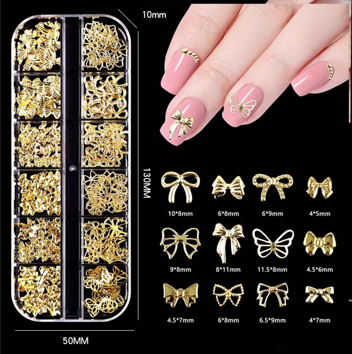 COOSLIM 150PCS Gold Bow Nail Charm 3D Silver Nail Bows 12 Styles Mini Alloy Bowknot Diamonds Butterfly Gems Christmas Wedding Prom Crystal Rhinestones Decoration for Women Girls Crafts DIY 4