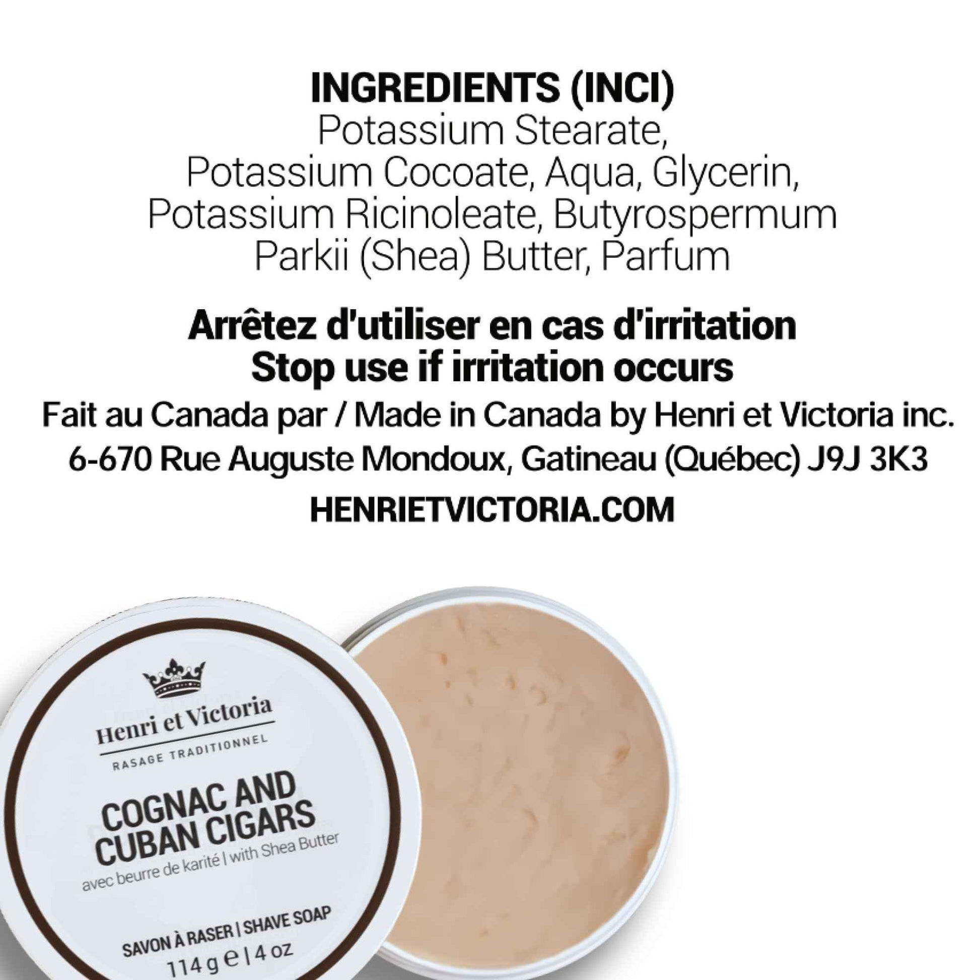 Henri et Victoria Shaving Soap For Men | Smooth Shave, Lathers Up Nicely, Long-Lasting Scent | Canadian Made by Skilled Artisan 114 g (4 oz) (Cognac and Cuban Cigars)