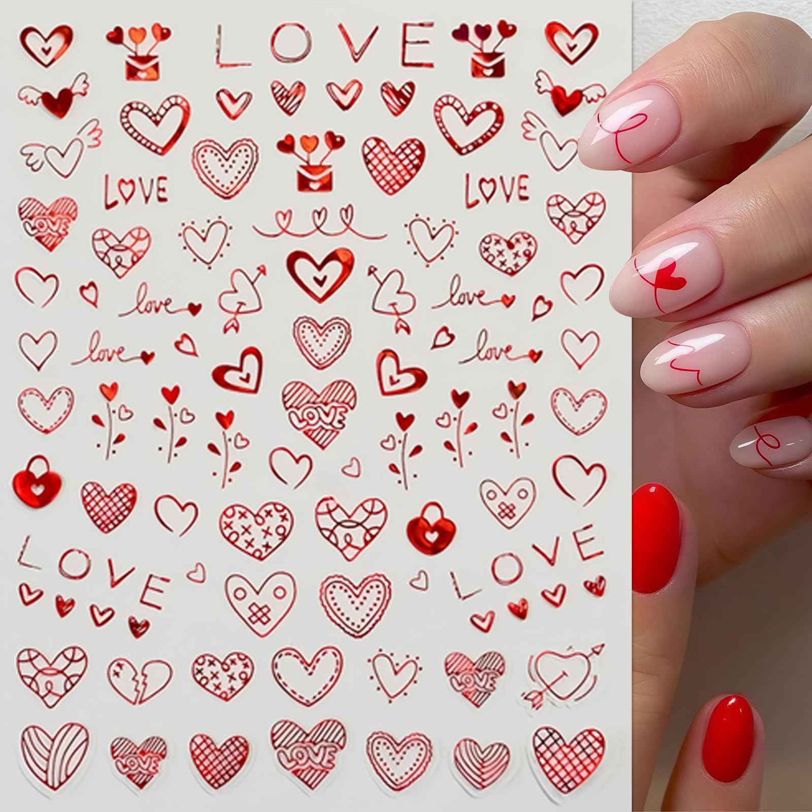 8Pcs Valentines Nail Art Stickers Decals Red Heart Nail Sticker Valentines Nail Decals 3D Self-Adhesive Laser Red Love Heart Nail Design Nail Supplies Nail Decoration for Women Girls DIY Manicure