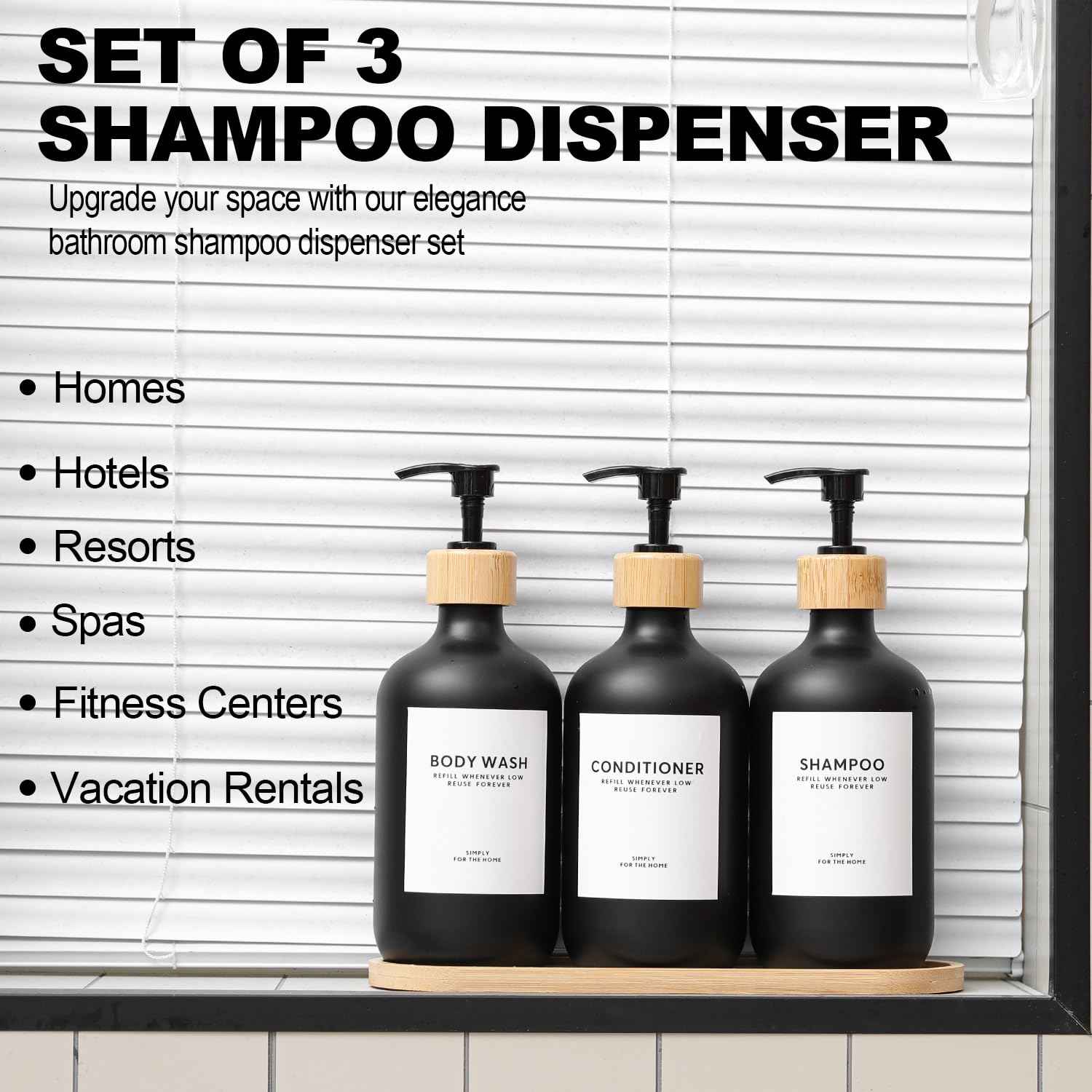 Shampoo and Conditioner Dispenser,16.9 fl oz Set of 3 Black Plastic Refillable Shower Shampoo Dispenser with Bamboo Tray, Reusable Pump Bottles with Labels for Bathroom Décor (Black+Bamboo Tray)