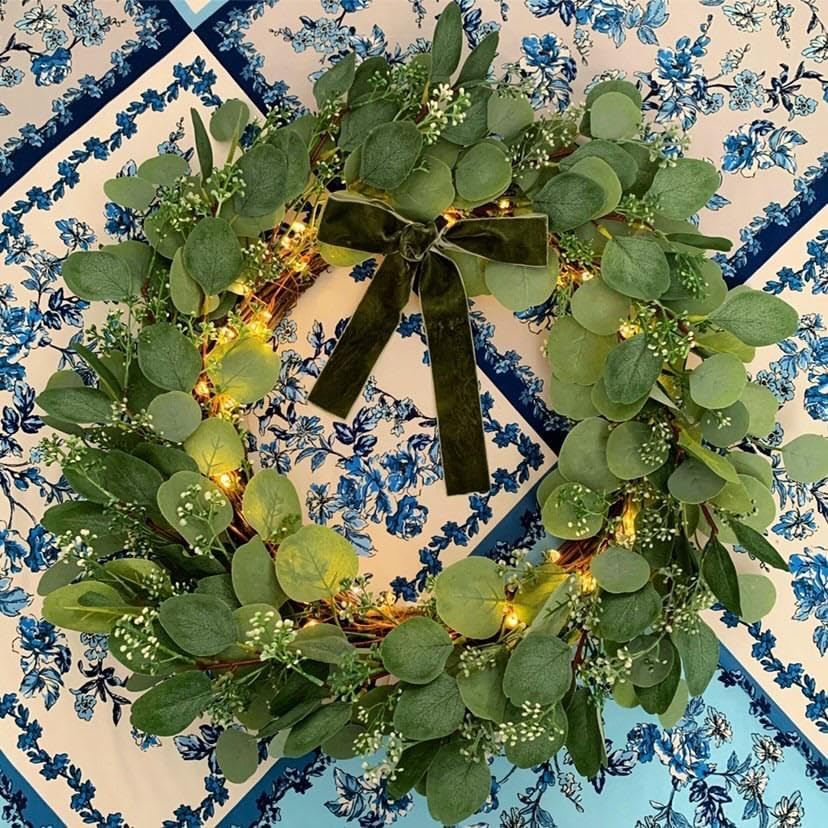 LampLust Eucalyptus Wreath for Front Door, 24 Inch Door Wreath with Lights, 80 LED Lights, Battery Operated, Timer Included, Christmas Wreaths, Farmhouse Wreath, Christmas Decorations Holiday Decor