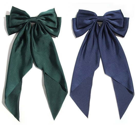 Oversized Layered Hair Bows with Long Tail Hairpins for Women and Girls - Green, Navy, and 90's Barrettes Clips Accessories (2pcs)