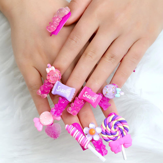 Lomxene Extra Long Coffin Press on Nails Purple Fake Nails with Love Flower 3D Candy Design False Nails Full Cover Cute Bear Lollipop Stick on Nails for Women 24Pcs