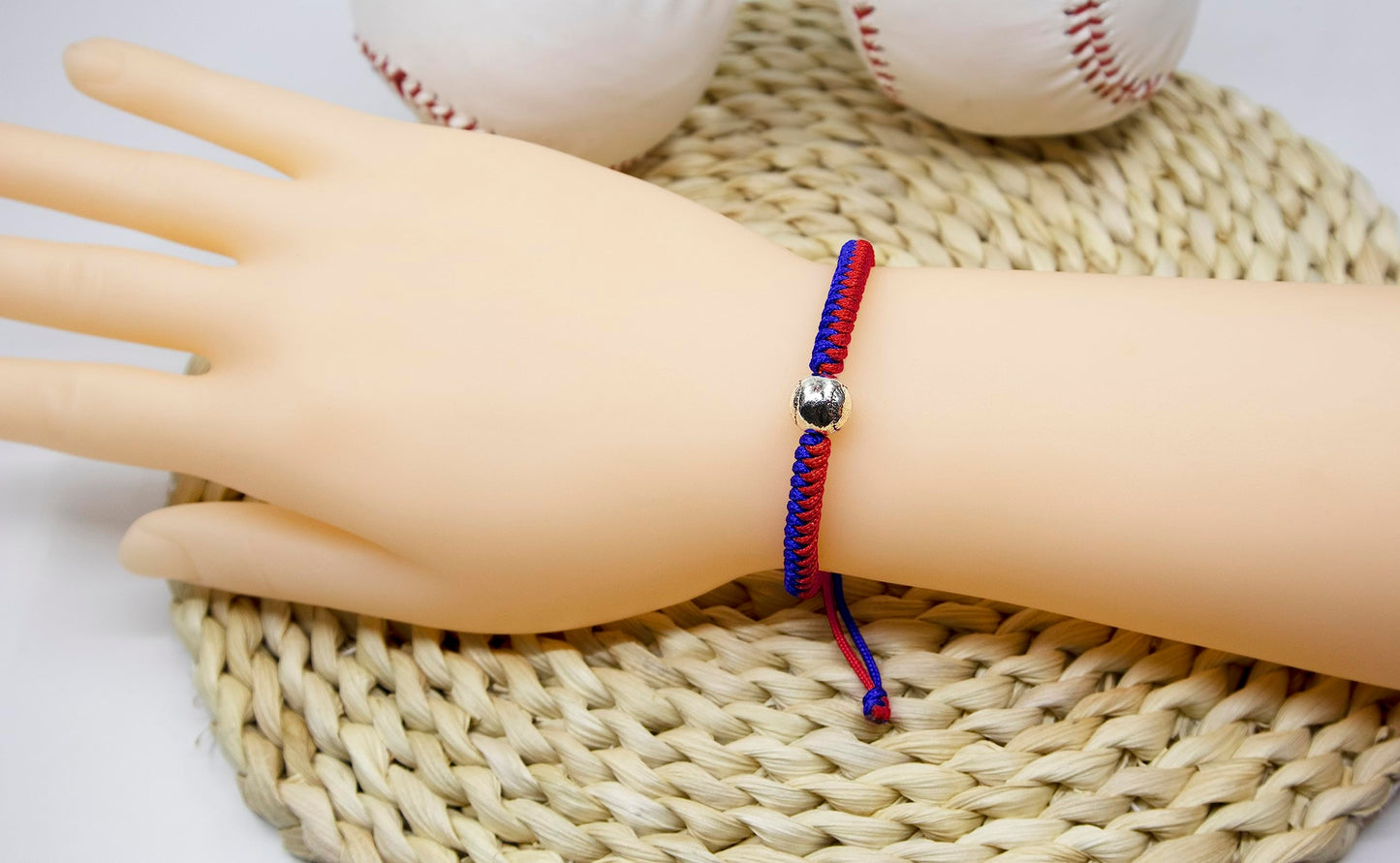 Handmade Braided Bracelets Baseball Gifts for Boys Adjustable Wristbands with Baseball Beads, Inspirational Baseball Bracelets for Girls Teens Adults (Blue Red 2PCS)