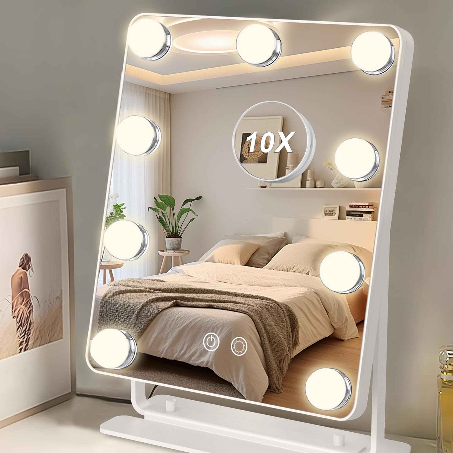 TUSHENGTU Hollywood Vanity Mirror with Lights 9" x 11", Lighted Makeup Mirror with 10X Magnification & 9 LED Bulbs Dimmable, 3 Colors Modes, Touch Control, Plug in Vanity Mirror with Lights, White