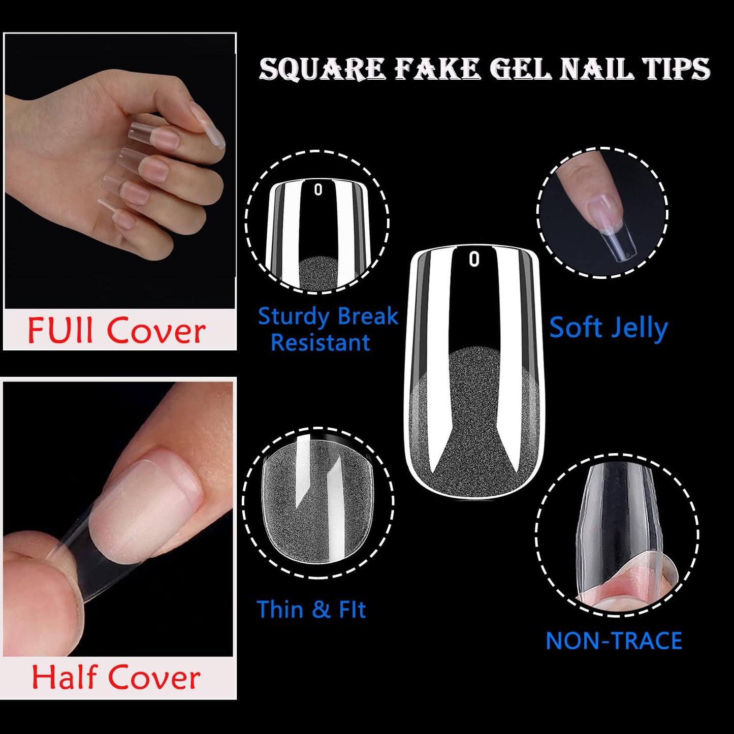 MAGIC ARMOR Square Fake Nails Tips - 504Pcs Upgraded Soft Gel Square Gel Nail Tips Press on Nails Pre-shape Clear Square Nails Tips for Full Cover Acrylic Square Nails French False Nails For Nail Exte