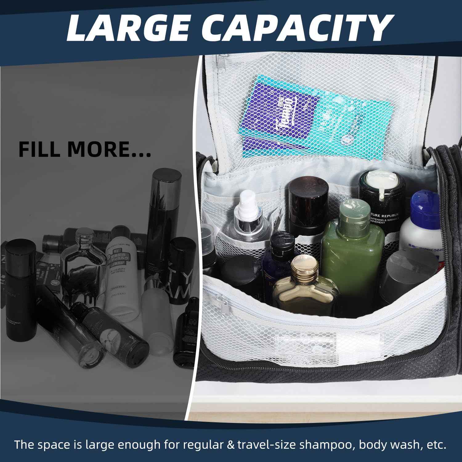 Buruis Large Capacity Toiletry Bag for Women and Men, Hanging Toiletry Organizer Cosmetics Makeup Bag, Water-resistant Dopp Kit Shaving Bags for Full Sized Toiletries, Travel Essentials (Black)