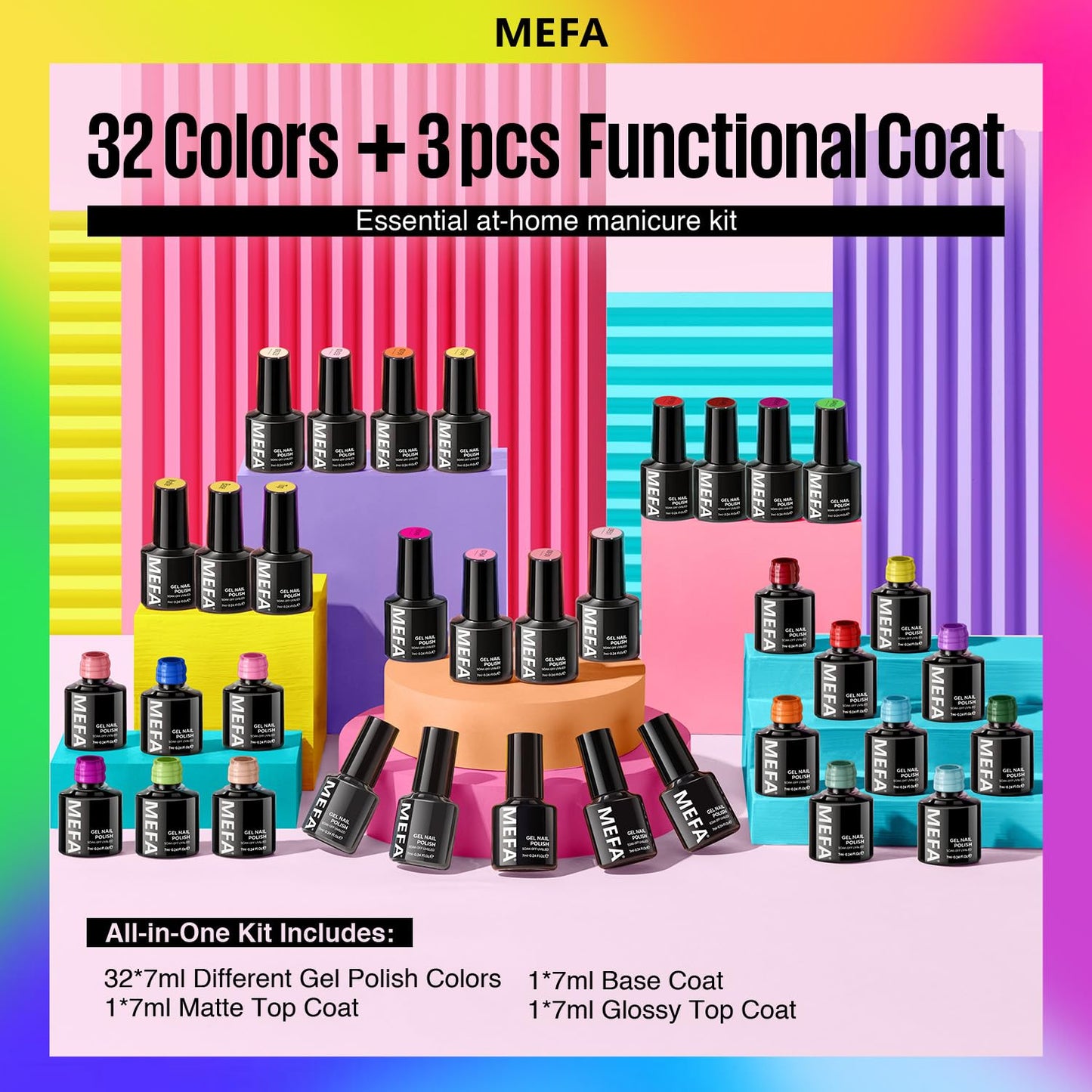 MEFA 35 Pcs Gel Nail Polish Set, 32 Colors Summer Neon Rainbow Bright Gel Nail Polish Kit with Base Coat No Wipe Glossy & Matte Top Coat Yellow Hot Pink Nail Art Manicure DIY Salon Home Gift for Women