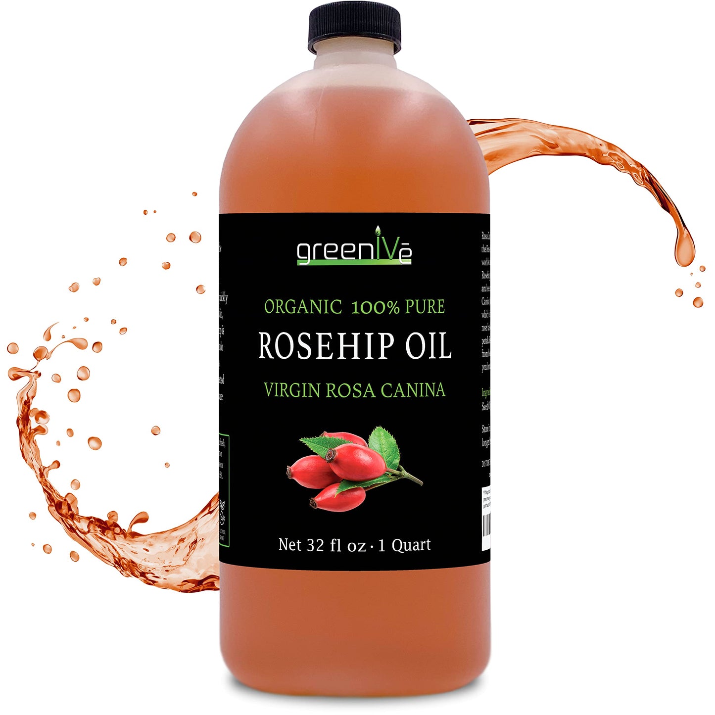 GreenIVe Organically Grown Rosehip Oil Rosa Canina 100% Pure Cold Pressed Virgin Oil (32 Ounce)