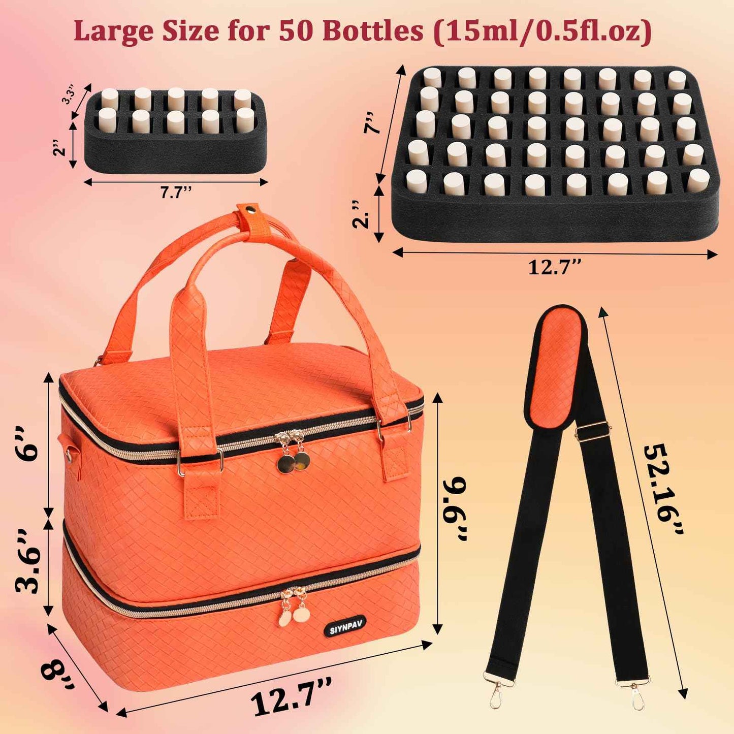 SIYNPAV Nail Polish Organizer Bag Holds 50 Bottles (15ml/0.5 fl.oz)& Nail Lamp, Woven Leather Nail Kit Storage Case with Holder Staps, Portable Nail Supplies Organizer for Manicure Tools (Orange)